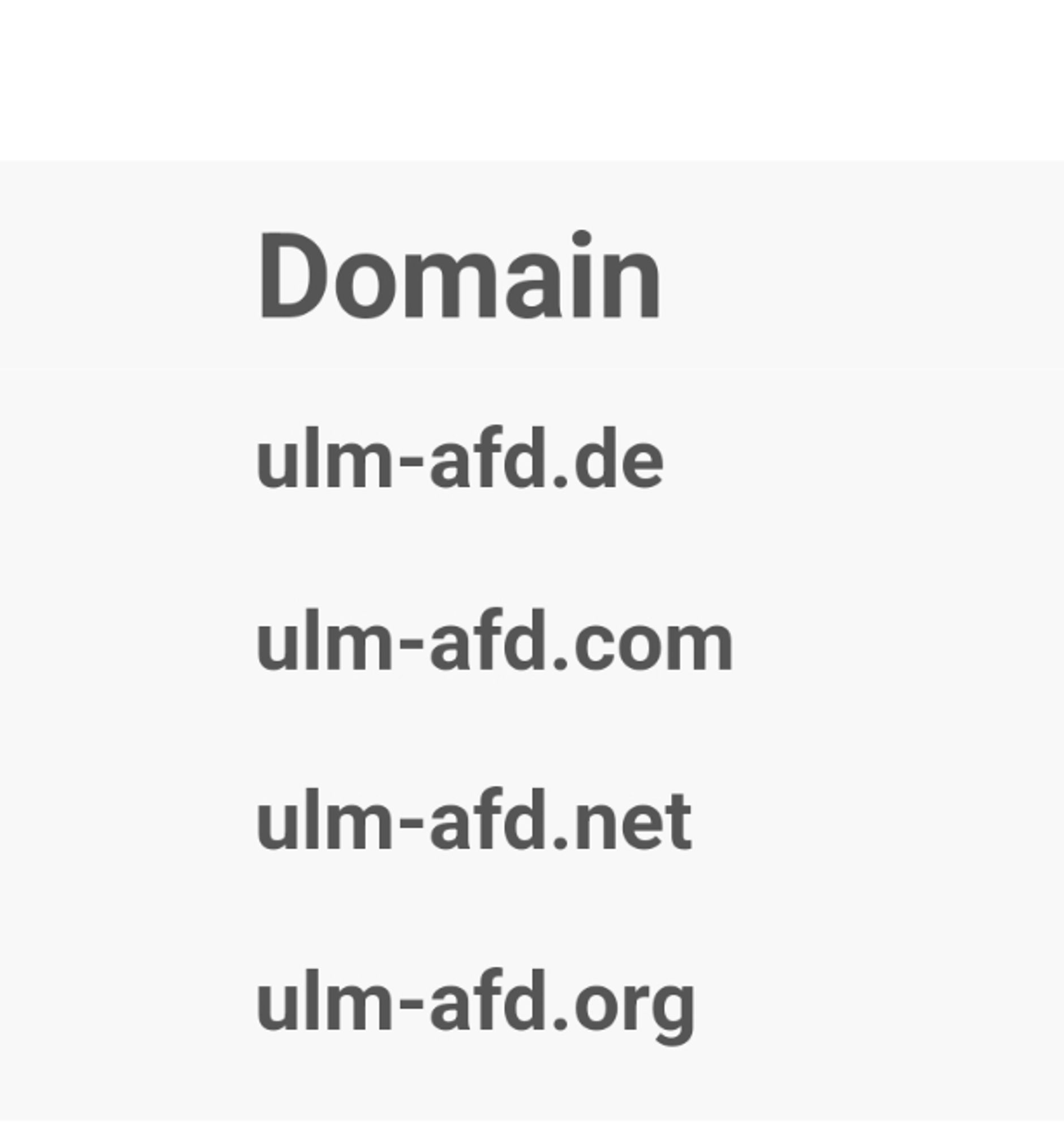 Screenshot mit bestellten Domains:
ulm-afd.de
ulm-afd.com
ulm-afd.net
ulm-afd.org