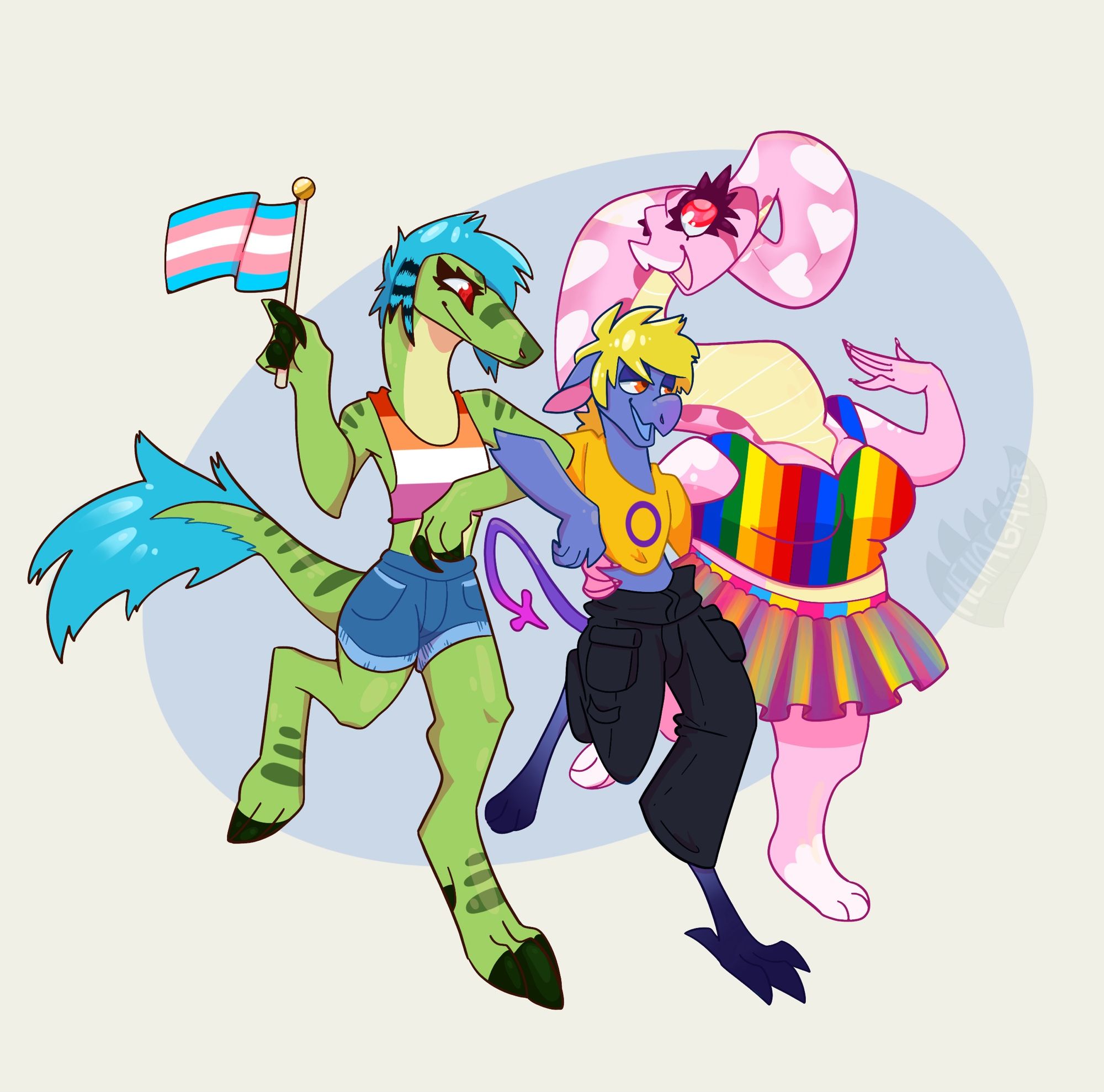 3 anthro scalies walking arm in arm. A green Megaraptor holds a trans pride flag and is wearing a lesbian pride top. In the middle a blue kobold wears an intersex pride shirt. The 3rd is a large pink hognose snake wearing a rainbow top and a pansexual pride tutu.