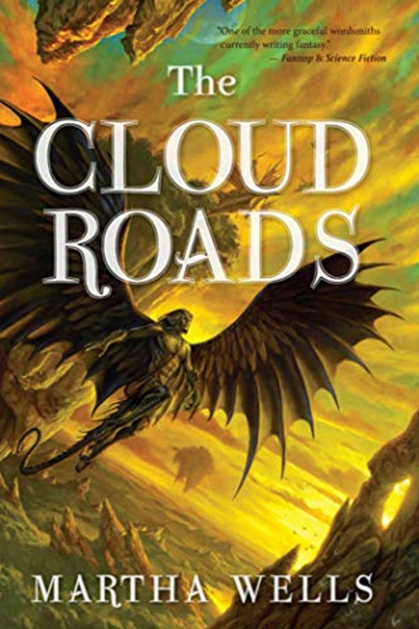 Original Cover for "The Cloud Roads" by Martha Wells. Art by Matthew Stewart.

The title is in large print in the center, Martha Wells' name is in a much smaller font at the bottom, and there's a review from "Fantasy & Science Fiction" in the top right corner saying "One of the more graceful wordsmiths currently writing fantasy."