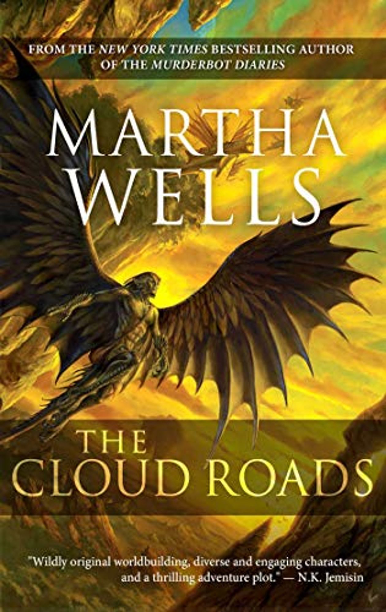 Reprint Cover for "The Cloud Roads" by Martha Wells after Murderbot started winning major awards. Art by Matthew Stewart.

Martha Well's name is now in the largest font near the top, with the title below it near the bottom in a slightly smaller font. At the very top it says "From The New York Times Bestselling Author of the Murderbot Diaries", and at the bottom is a quote from NK Jemisin, "Wildly original worldbuilding, diverse and engaging characters, and a thrilling adventure plot."