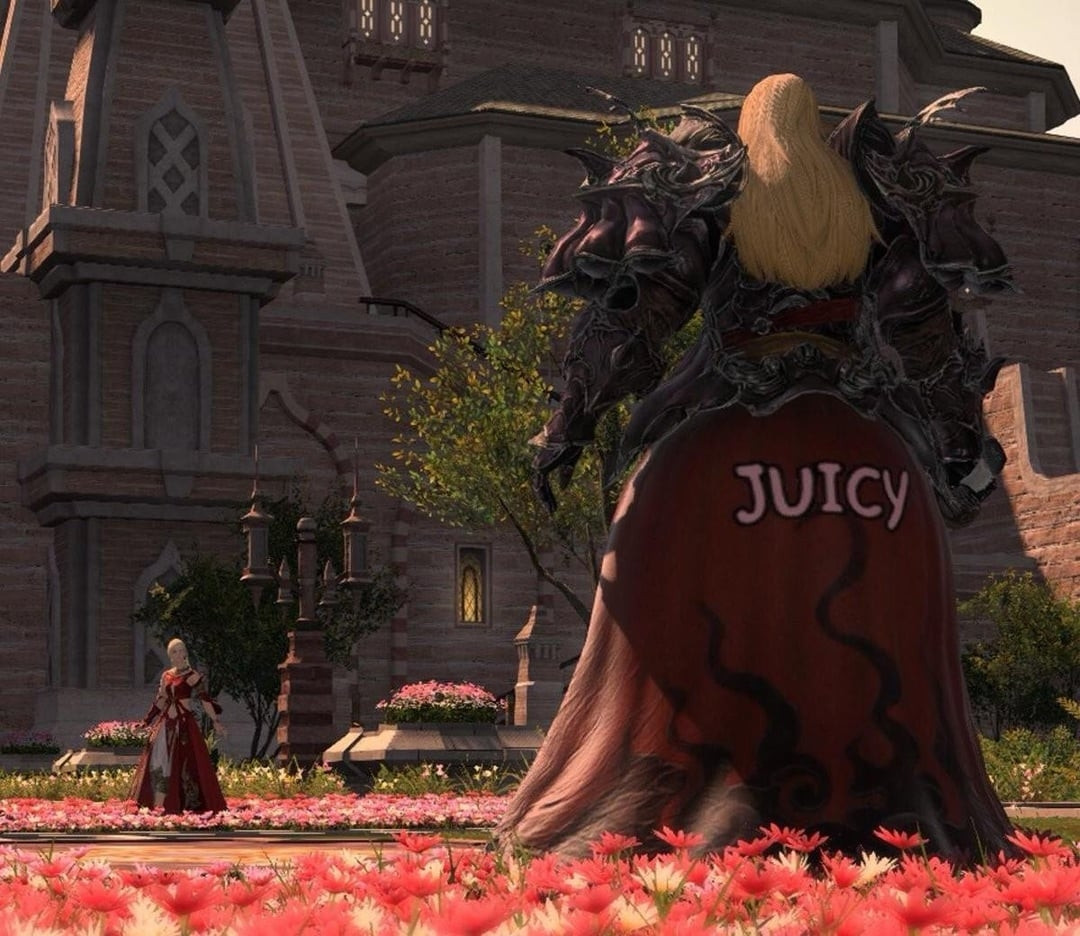 énorme boulard de zenos ff xiv, le mot "juicy" (juteux en anglais) est inscrit dessus.