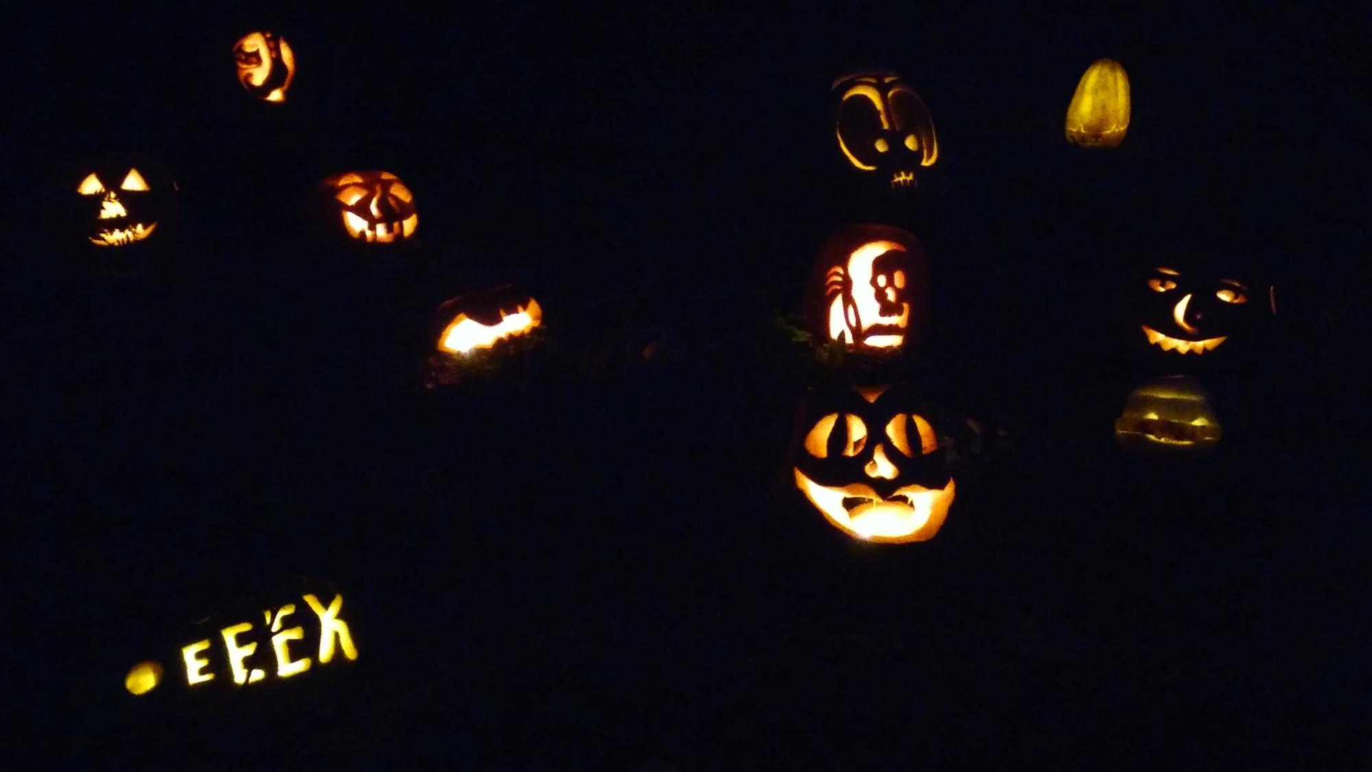 Night photo of lit pumpkins.