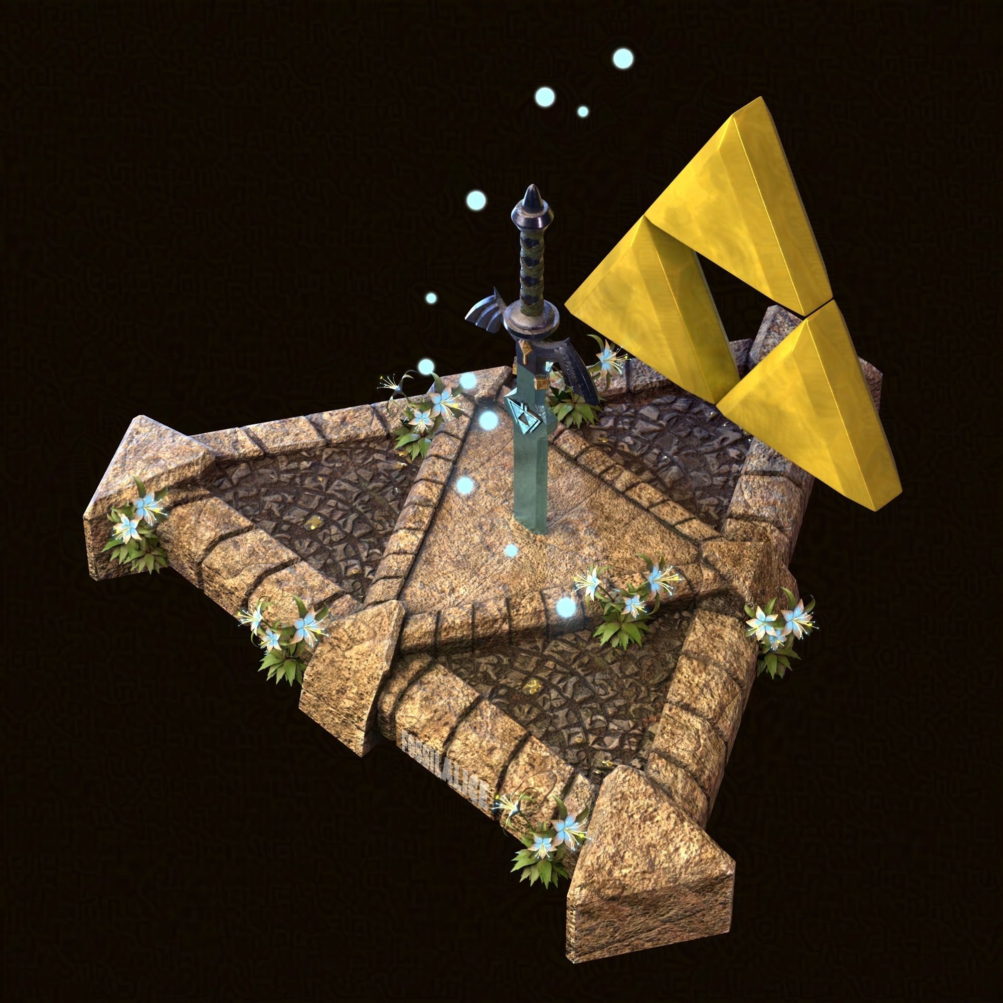 The master sword is embedded point first into a decorative plinth reminiscent of the triforce. The triforce itself floats at one of the points while the flower Silent Princess grows from cracks in the ground. A group of blue fairies are flying past the sword.