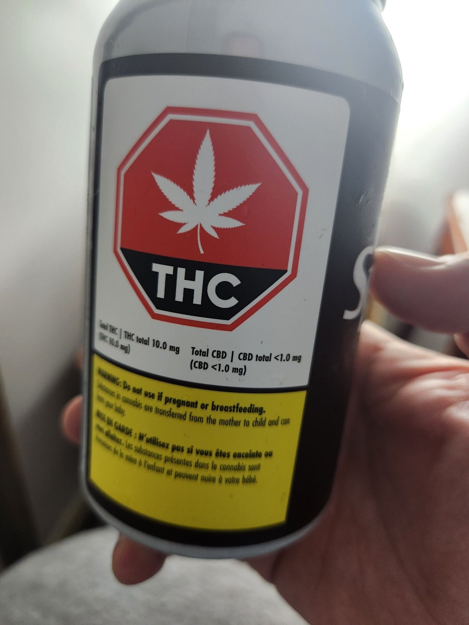 The government mandated THC label, showing it has 10mg THC, less then 1% CBD and warning pregnant or breast-feeding people to not consume unless you want a stoner baby