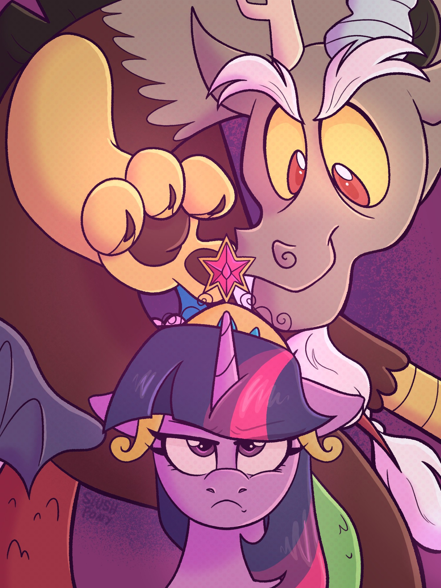 Twilight Sparkle with Discord in the background. Twilight is frustrated while Discord tries to grab her crown. 
slushart