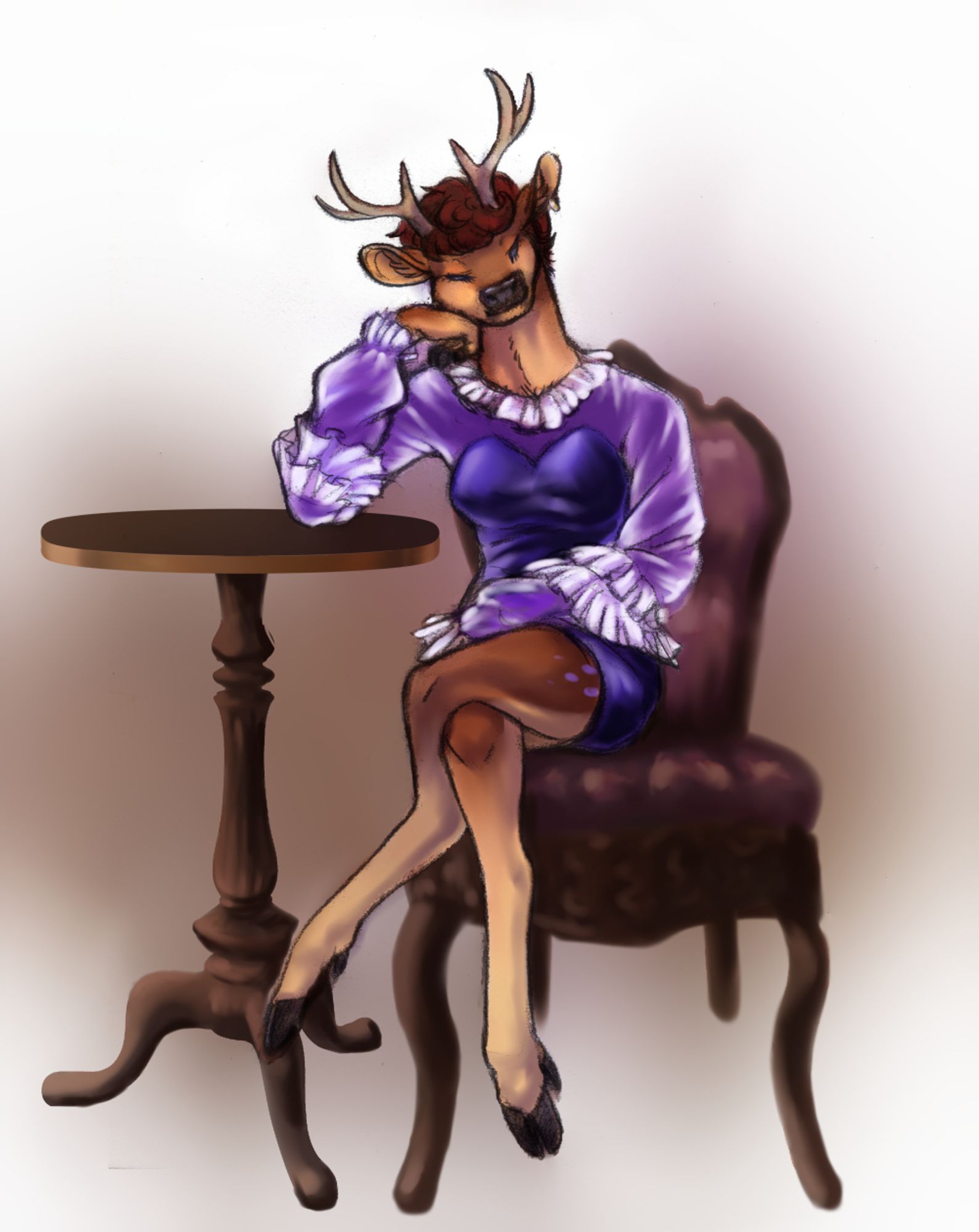 The deer anthro lady in a fullbody illustration, sitting cross-legged on a rococoo style chair, leaning her elbow on an endtable.