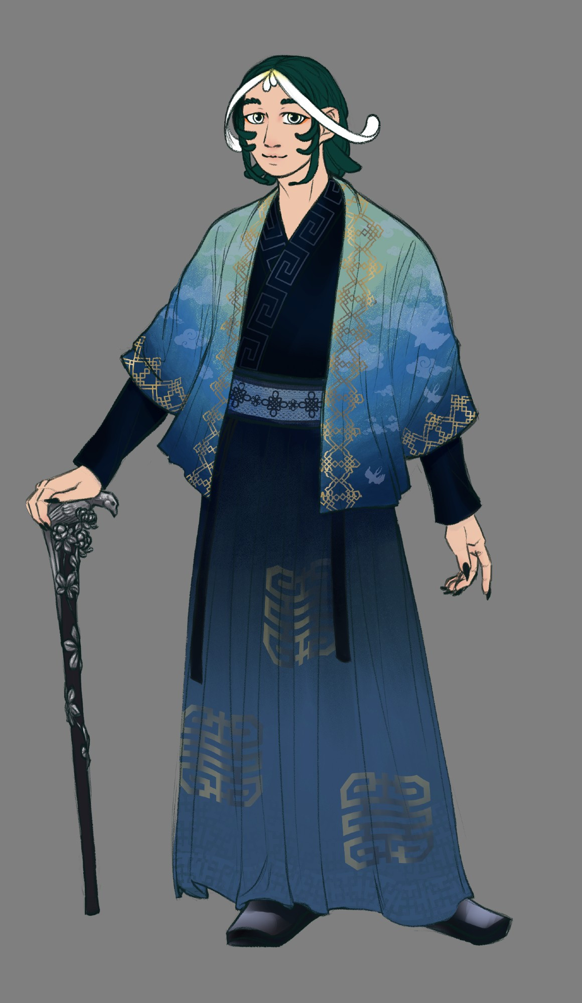 An attempt at an alternative outfit, this time with a hanfu in blue colour scheme. Additionally he has a walking cane with silver pheasant and silk flower motifs.