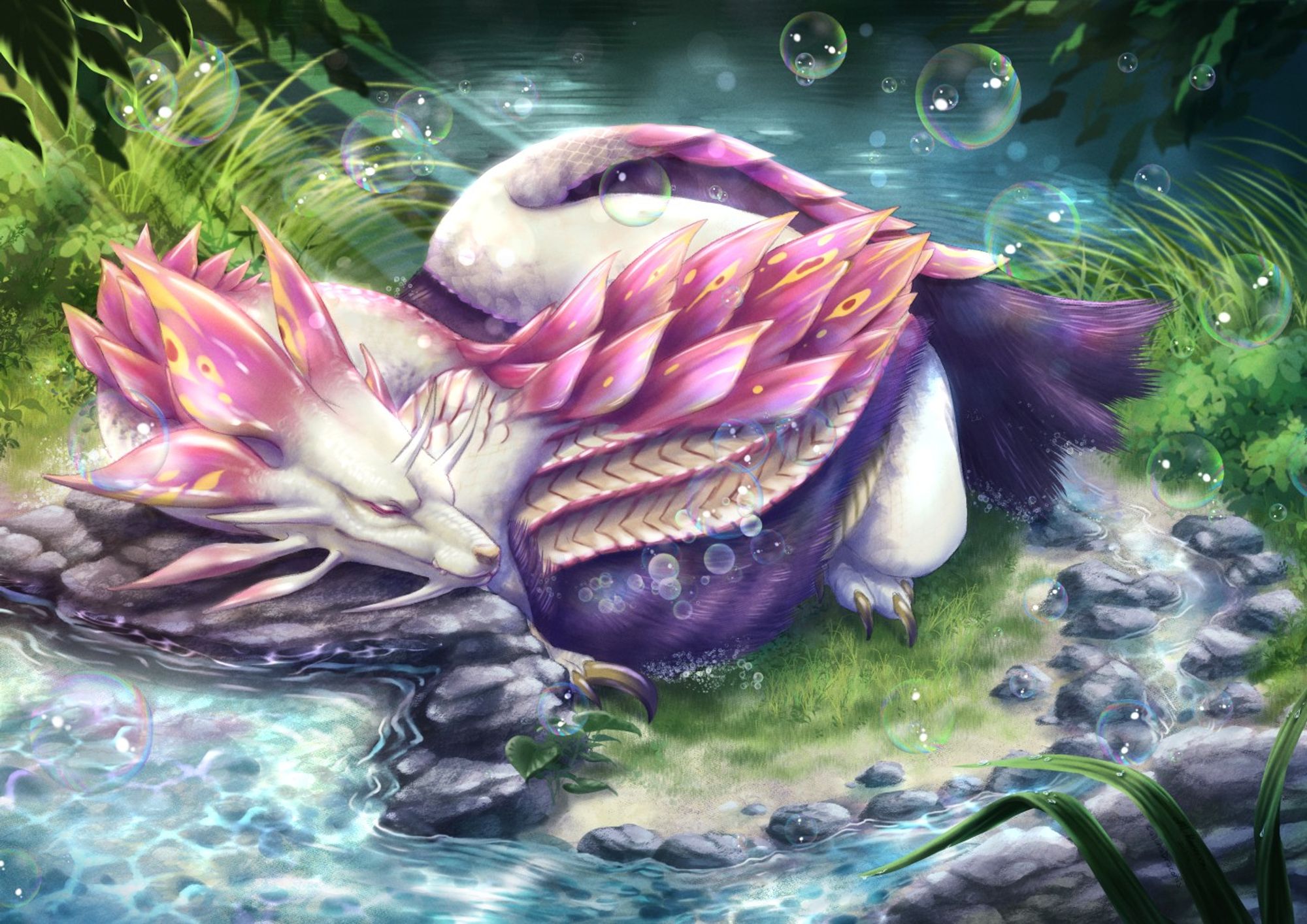 An illustration of Mizutsune from Monster Hunter, calmly resting by a small stream. Sun's rays filter through the surrounding foliage and soapy bubbles float around in the air.