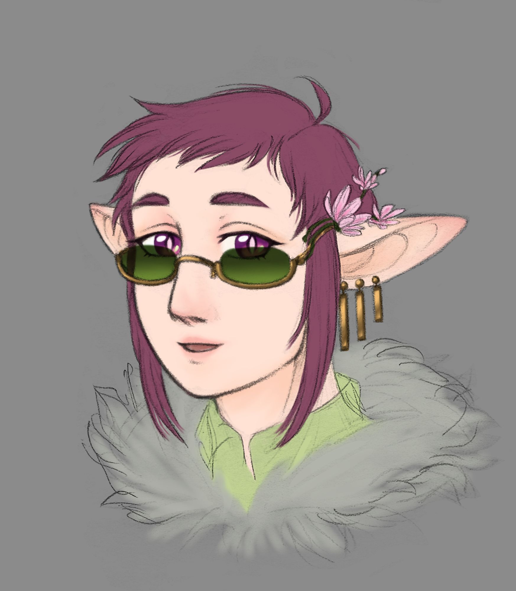 Headshot of an AFAB elf character, with plum-coloured choppily cut hair with long side whisps, similarly coloured eyes and pale complexion. She is wearing green-tinted glasses and a flower ornament.