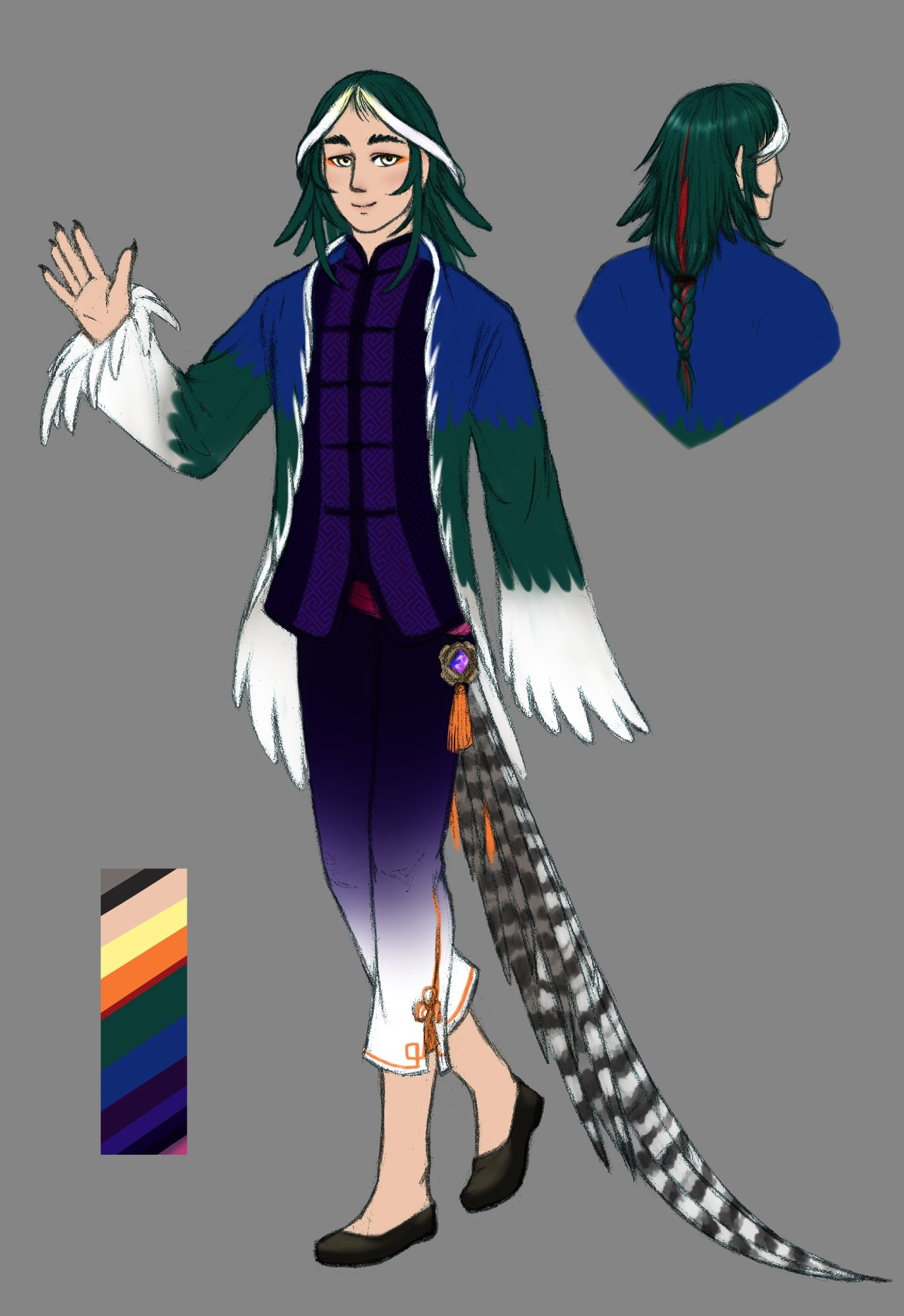 A young man with green and white hair, a purple shirt and pants. Coat has long sleeves with feather-like fringe. He has a long white-and-gray striped feathered tail.