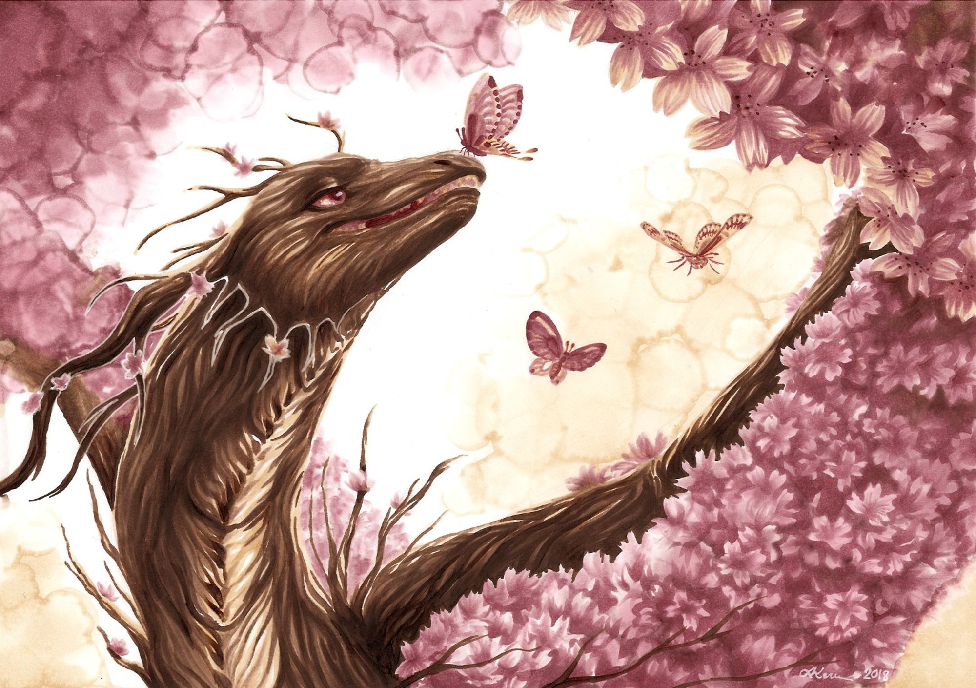 A pink and brown marker illustration of a dragon with bark-like skin and cherry blossoms as its wing membrains. Butterflies flap around the dragon, one landed on its snout.