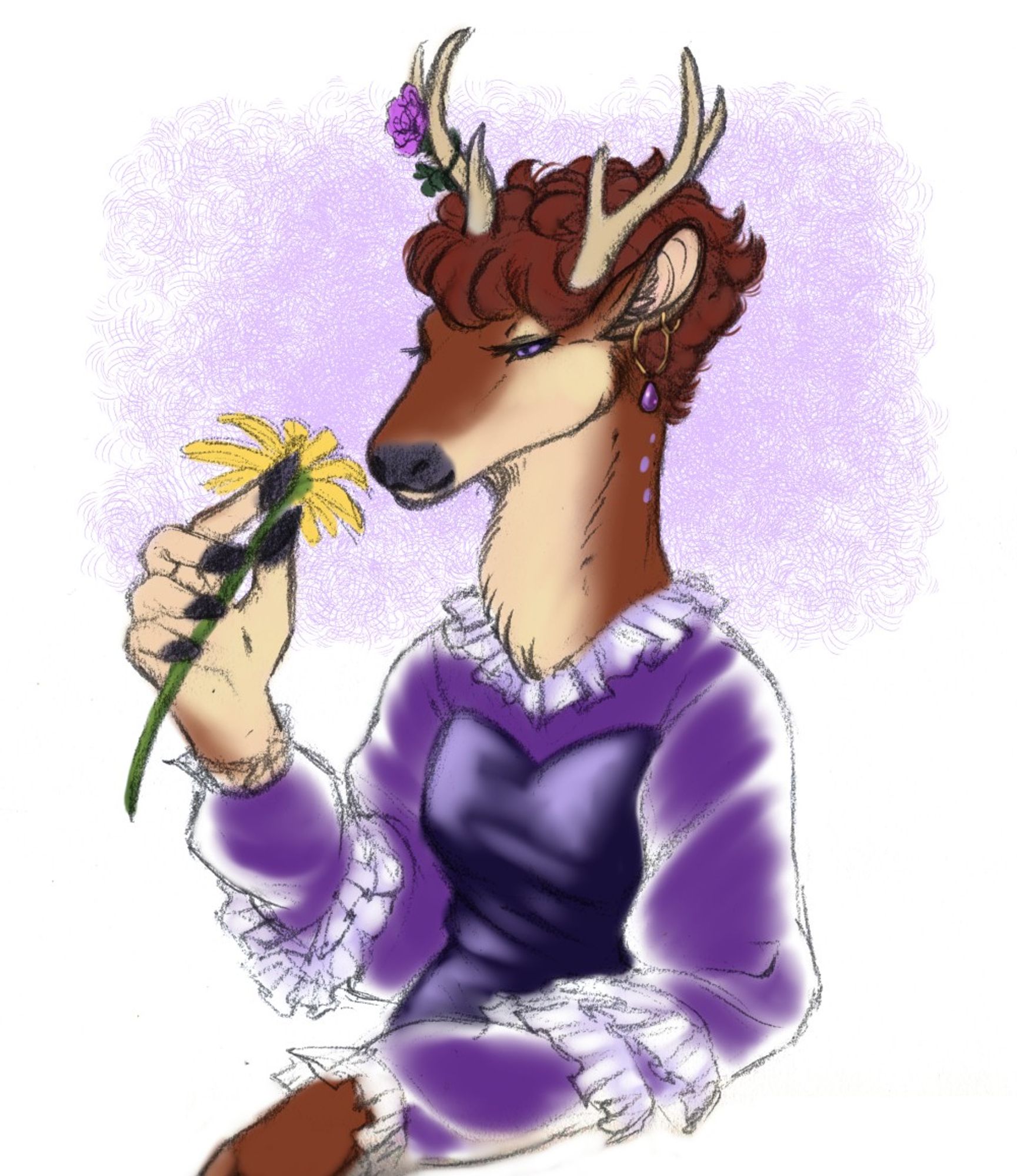 A bust of an anthro deer lady holding up a yellow flower. She has a warm brown fur with lighter underside and lavender spots. She has 3-pronged antlers, one of which has a purple flower ornament. Her eyes are lavender with long lashes. She's wearing a purple dress with ruffled neck and sleeves.