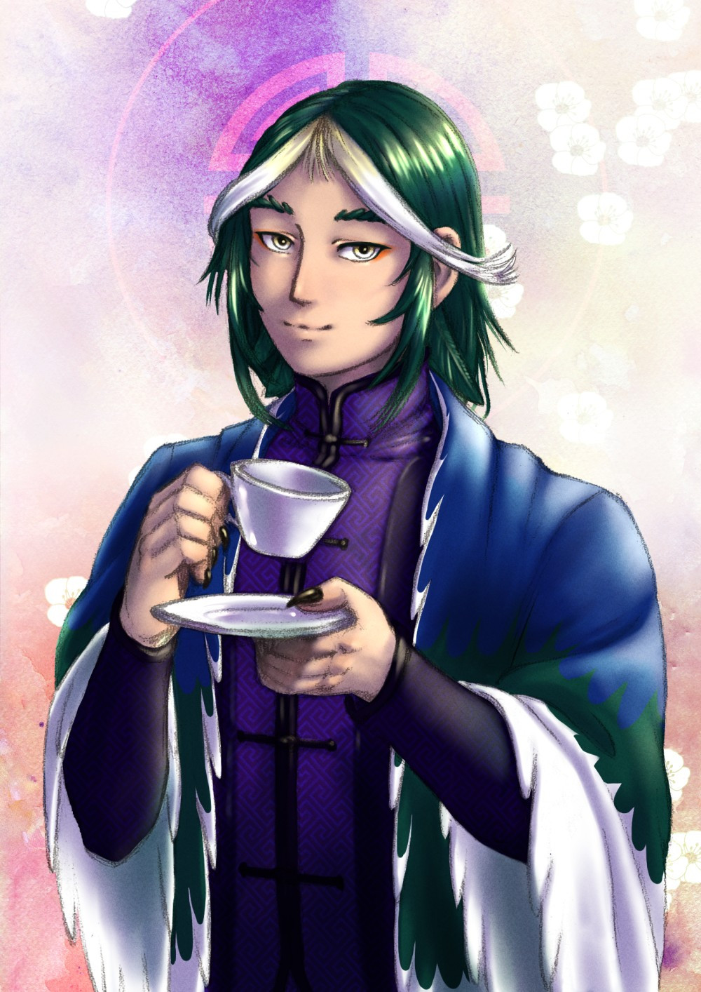 Half-body image of Yingwu holding a teacup.