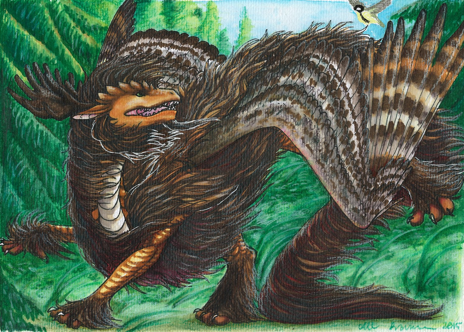 Akon, a dragon with warm brown scales and dark brown fur, moose antlers with 7 points and great horned owl-patterned wings. He's trotting in a spruce forest, looking back at a greater tit flying above him.