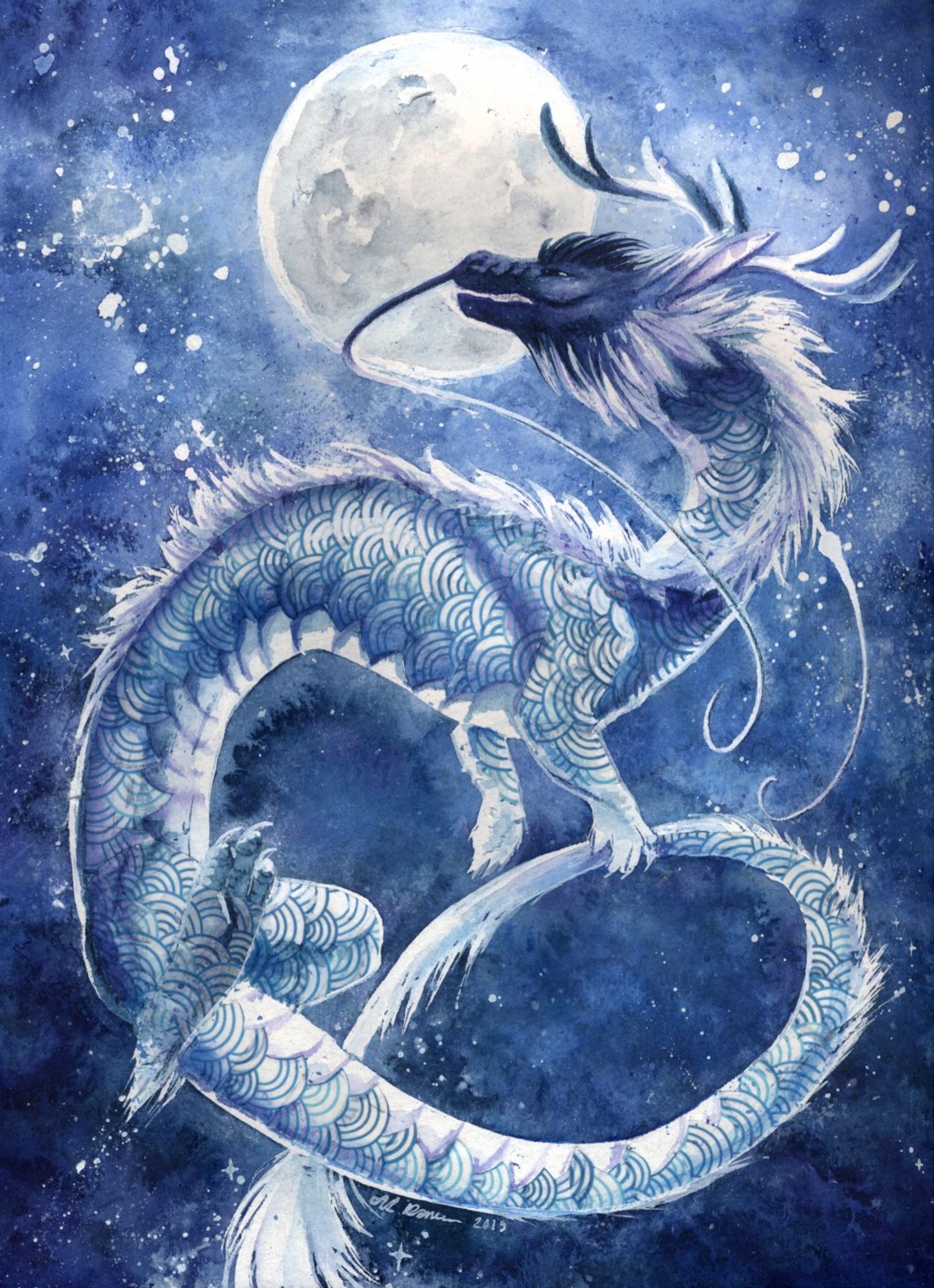 A watercolour painting of an asian dragon against the night sky. The lung looks rather happy, moving in looping patterns.