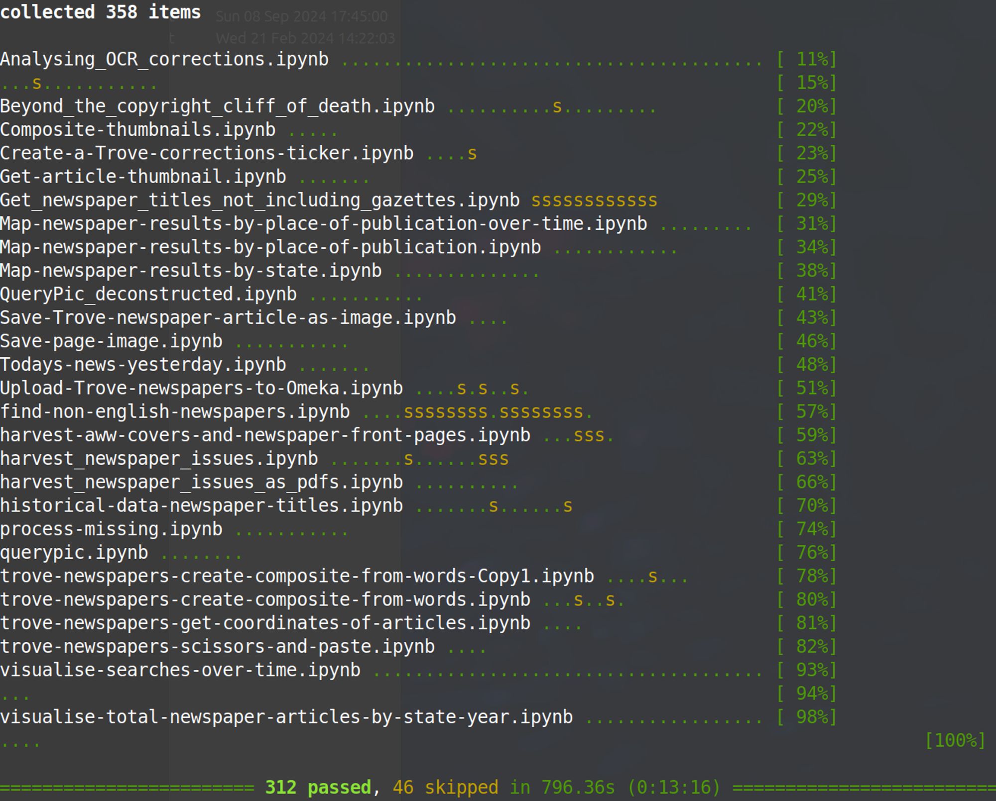 Output from terminal showing the results of notebook testing. There are more than 20 notebooks, listed by name, and no errors!