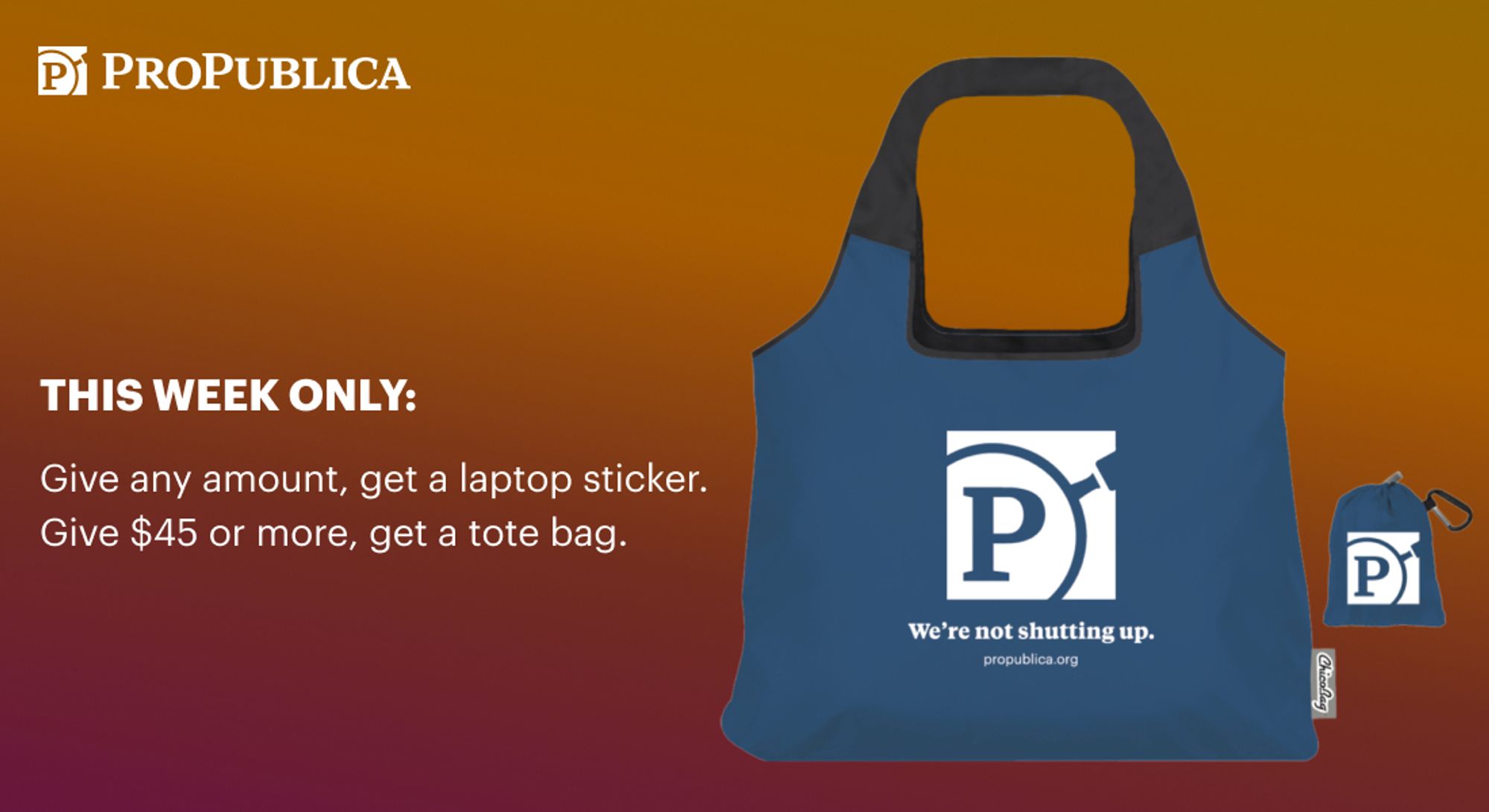 Text on graphic - This week only: Give any amount, get a laptop sticker. Give $45 or more, get a tote bag. Imagery on graphic - A large blue tote bag with the ProPublica logo and "We're not shutting up" emblazoned on it is featured on the right side. Next to it is a small blue drawstring bag with the ProPublica logo.