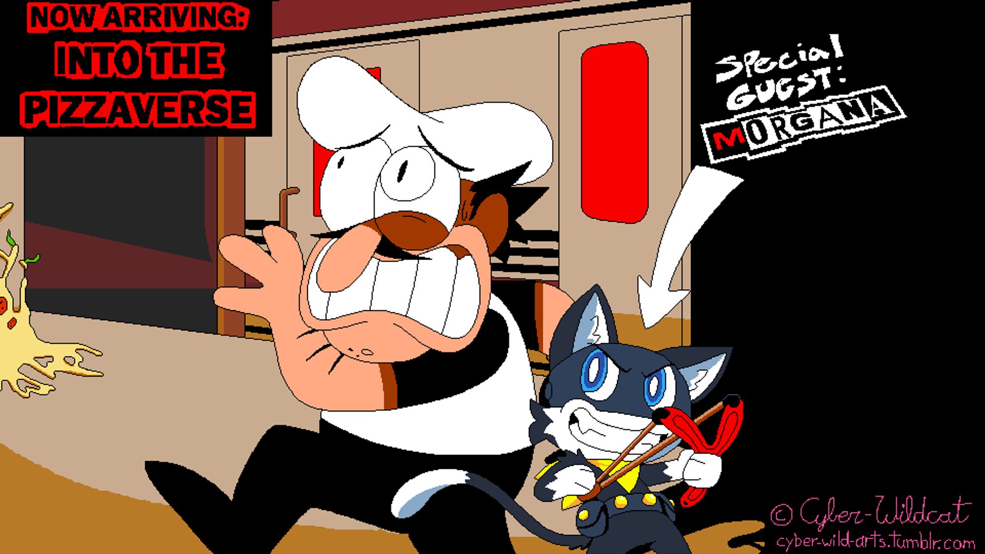 A fan-made title card for the 2023 video game Pizza Tower, showing Peppino Spaghetti from Pizza Tower alongside Morgana, a black cat-like creature from the 2016 video game Persona 5 of the Megami Tensei franchise. The two characters are back-to-back in a strange subway station that resembles Mementos, with Peppino mimicking Joker's pose in a scared manner while Morgana has the drawstrings of his slingshot pulled back as he flashes a cocky grin. The bottom of one of the pillars is covered in pizza toppings, such as cheese, pepperonis and green peppers, while a train is seen arriving at the terminal, its windows glowing in an eerie red light. The text at the top left reads "NOW ARRIVING: INTO THE PIZZAVERSE", written in black text with red bordering resembling cut-out letters from a newspaper; while the text at the top-right reads "Special Guest: Morgana", with a whiet arrow pointing to the cat-like character in question.