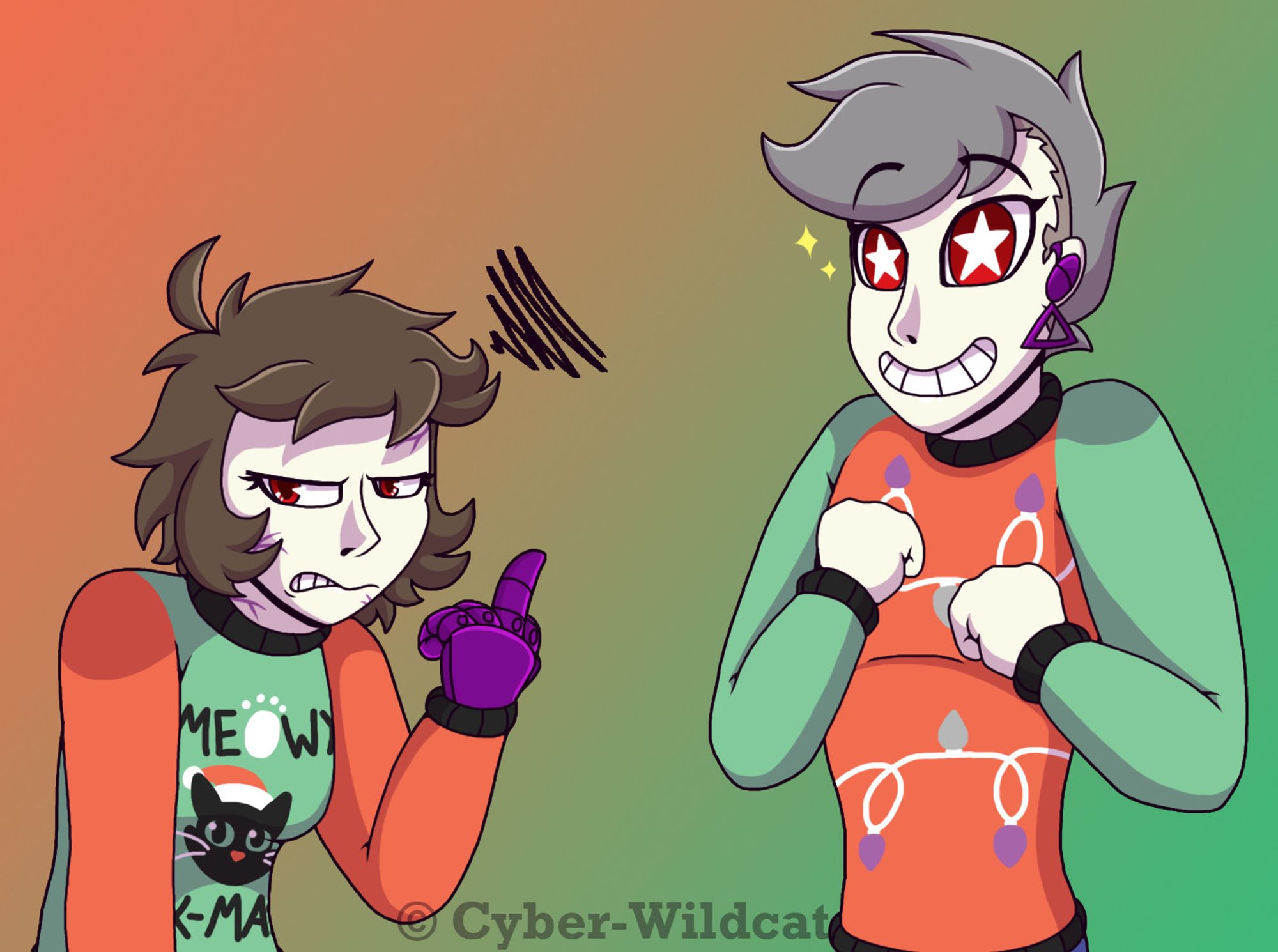 Agent Black and Agent Grey wearing ugly Christmas sweaters. Agent Black is angrily flipping the bird, while Agent Grey is just happy to wear something dumb.