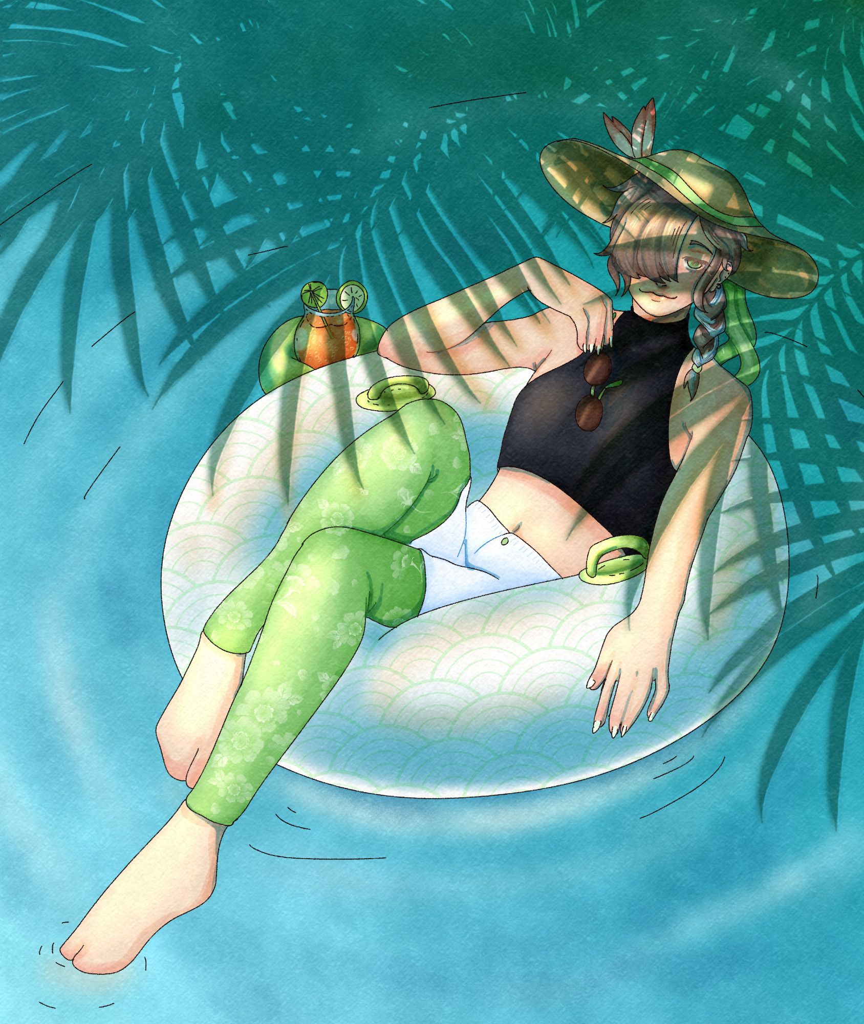 Luciel's OC, Isia, is relaxing in a white buoy, under the shade of palm trees, with their drink and it's own tiny buoy.