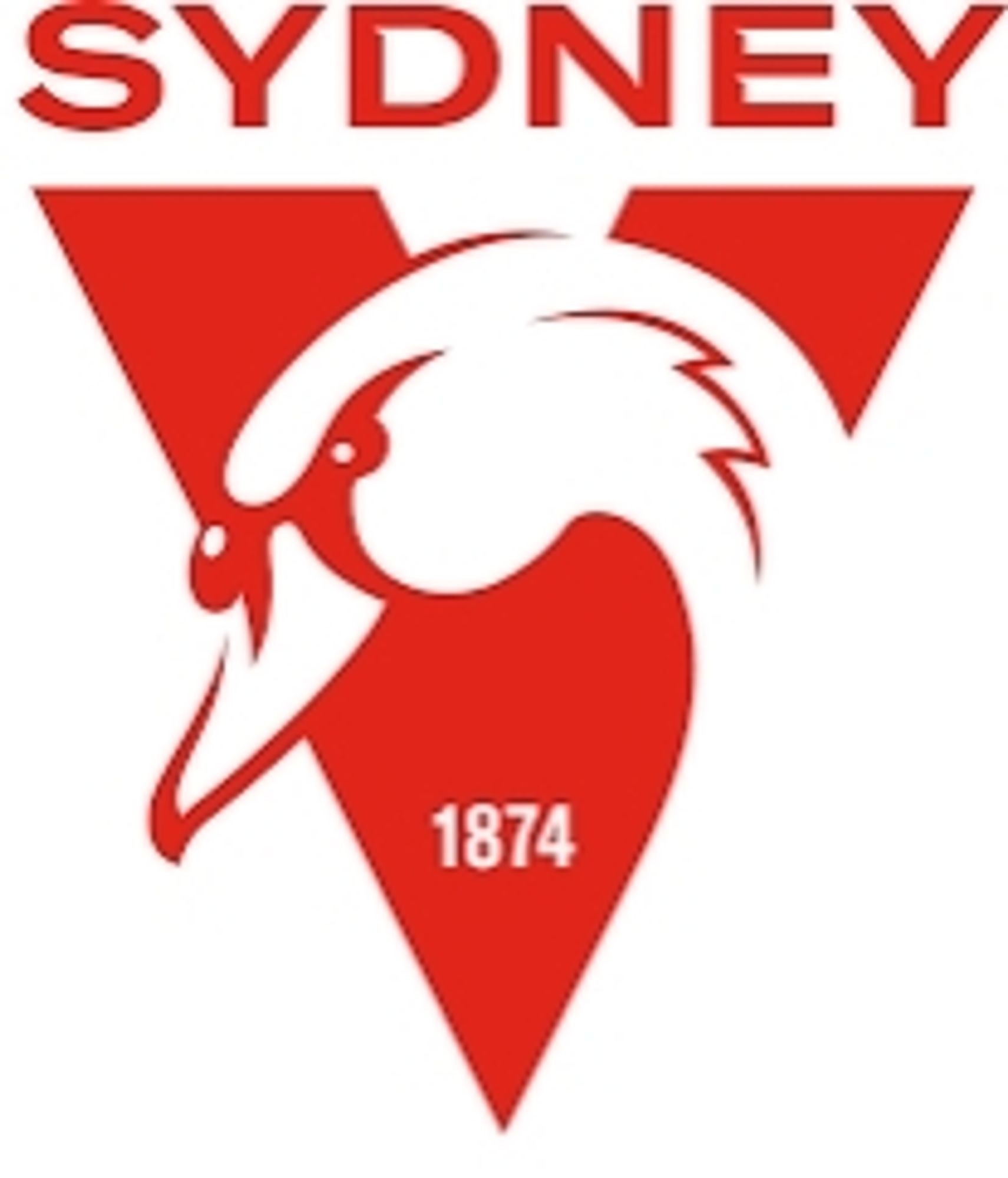 Logo of the Sydney swans football team showing a Swan against a red V background and 1874 when the club was established in Melbourne before moving to Sydney. Playing today in the final against Brisbane