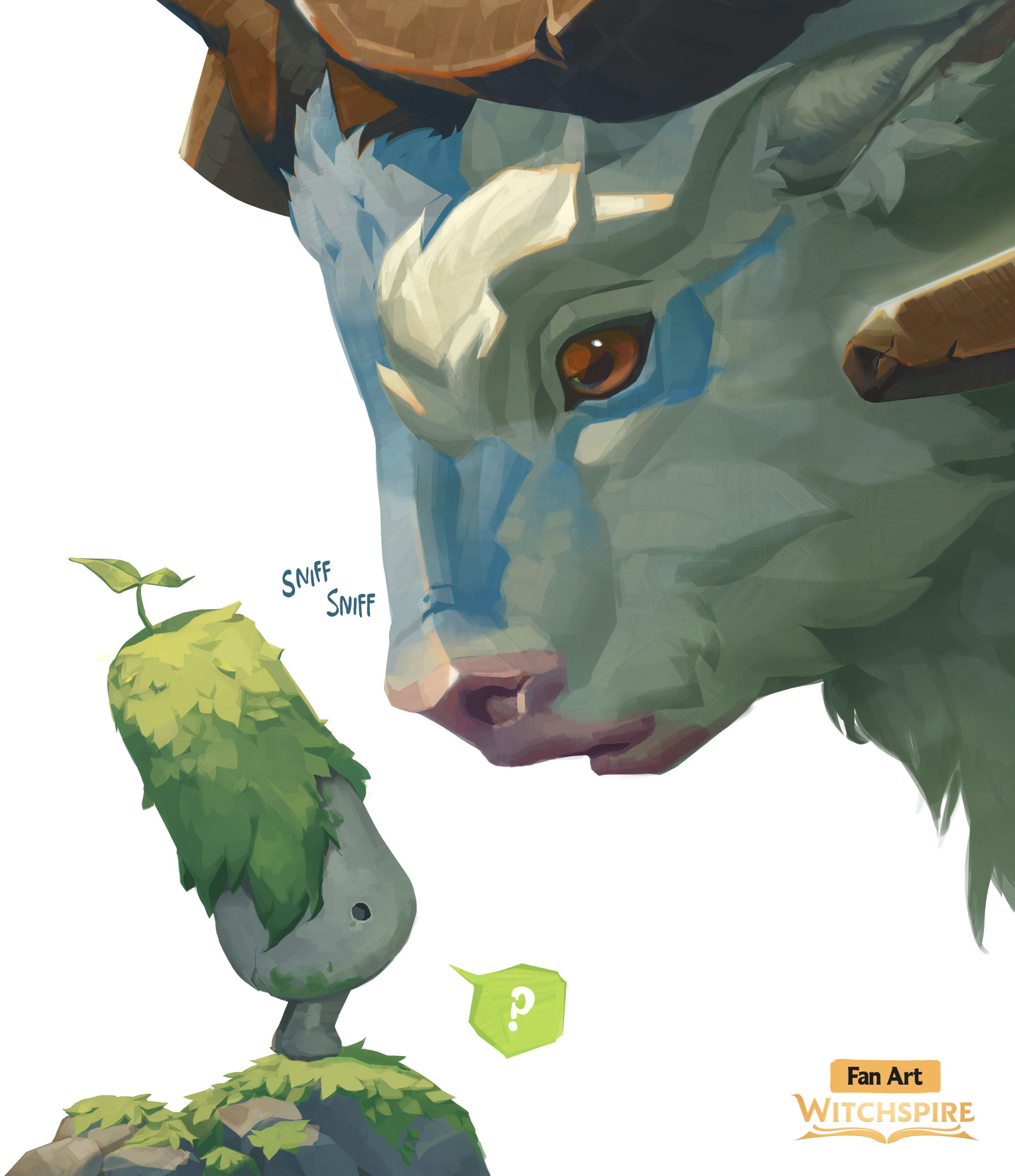 Side view of two creatures: A small cylindrical rock creature with moss growing on it's head and a single leaf sprouting from the top, looking up at a fluffy blue-and-white cow/goat-like creature. The rock has a little questionmark in a textbubble near it, and the cow creature is sniffing him curiously