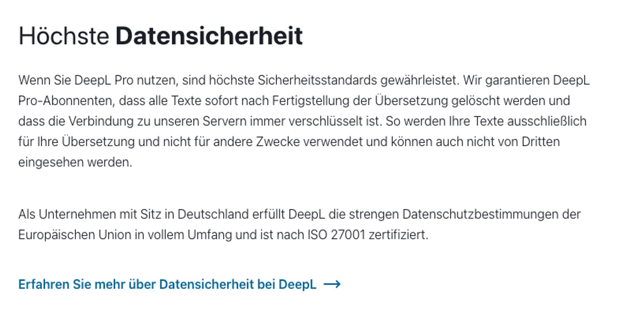 Screenshot Datensicherheit bei DeepL