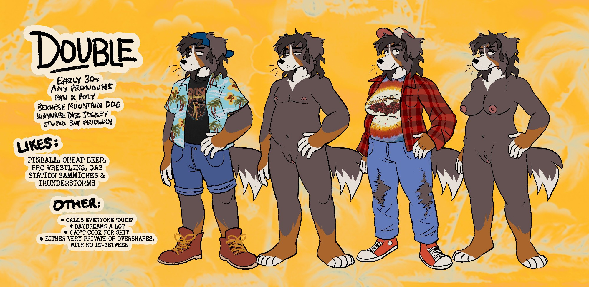 Art by @dogpoison.industries. Ref sheet of Double, both in more feminine presentation and masculine, as well as clothed and nude variants for each. Masc Double is wearing a Hawaiian shirt over a Rush T-shirt, blue denim shorts and reddish-brown boots, along with a backwards blue baseball cap. Femme Double is wearing a red flannel shirt over a Grateful Dead T-shirt, ripped blue jeans, red sneakers and a tan/orange trucker cap.