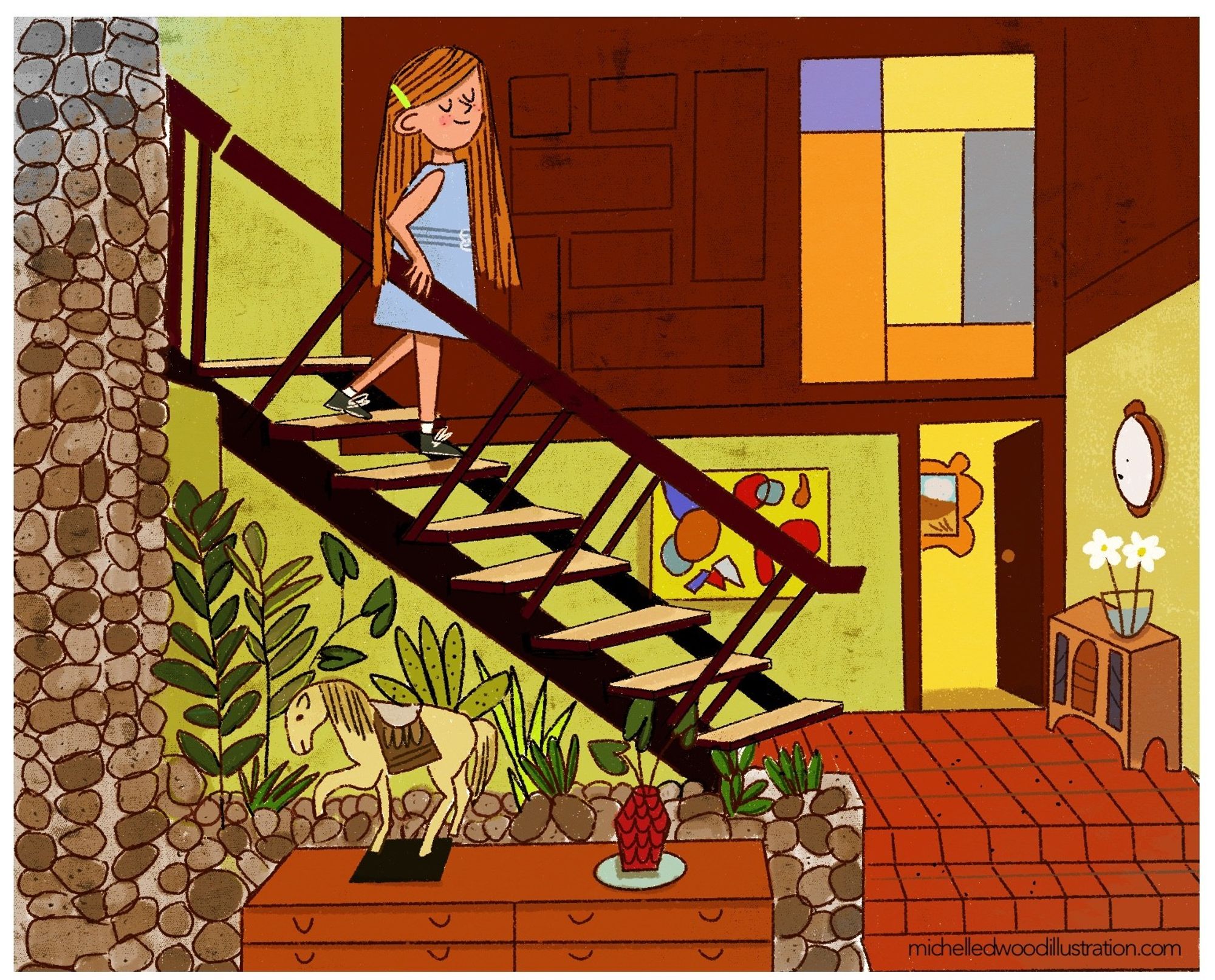 Marcia walking down the Brady Bunch stairs.