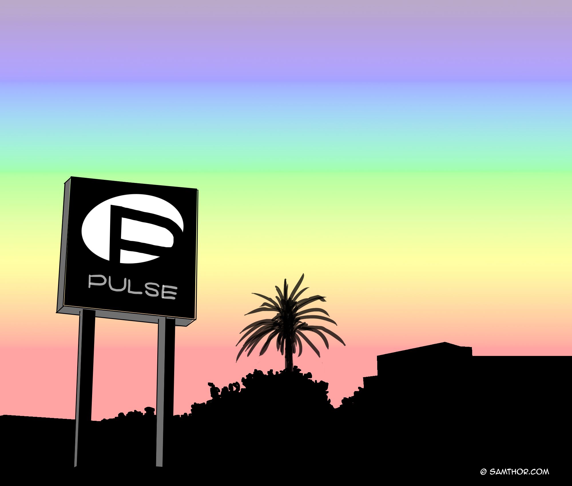 Rainbow sky behind the silhouette of the Pulse club.