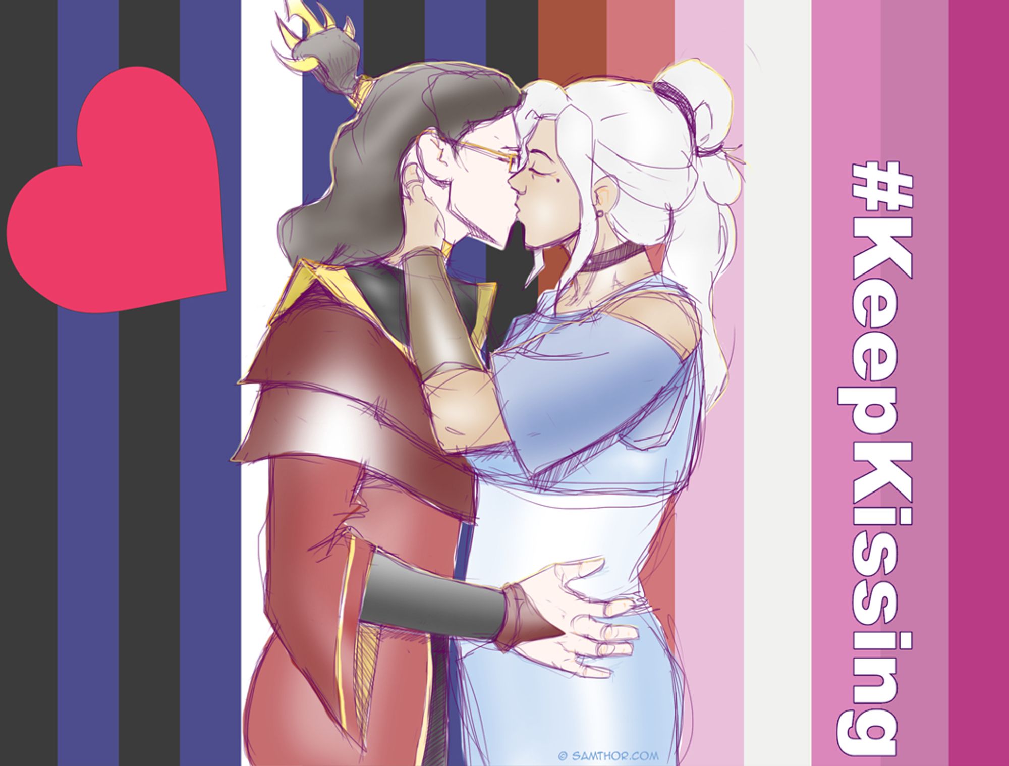 Drawing of Fire Lord Izumi In a passionate kiss with Kya, In front of Pride Flags. Overlay text reads Keep Kissing.