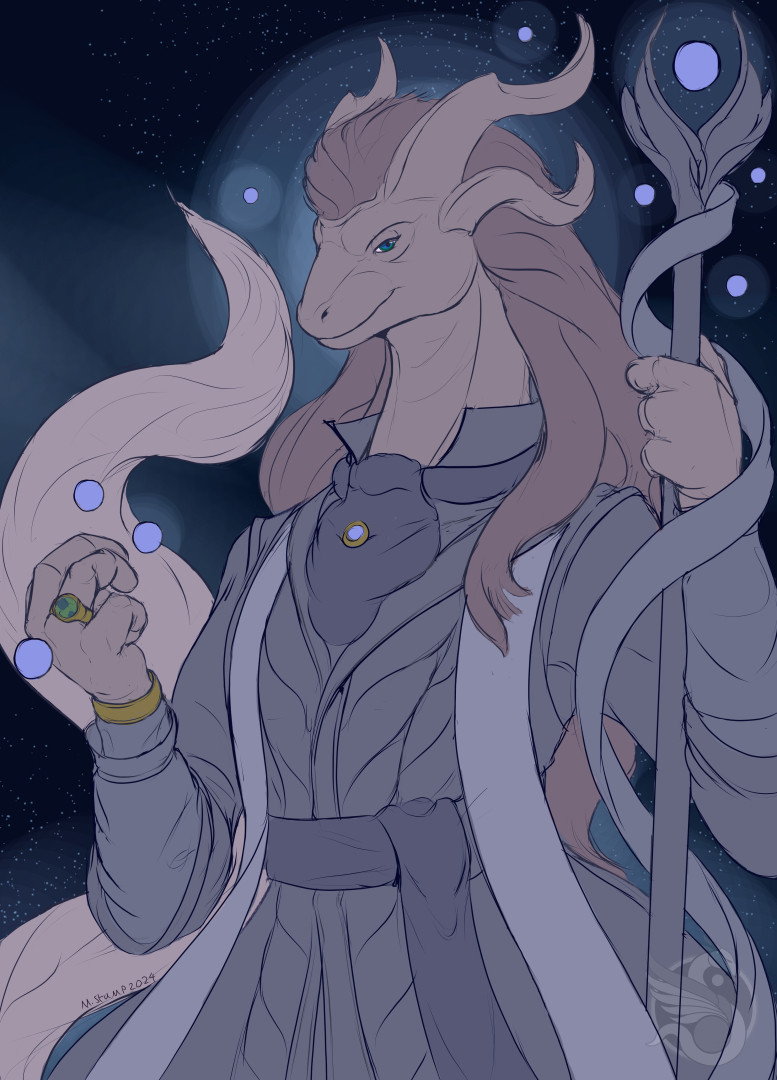 Waist-up protrait of a male dragon in a fancy coat and sash, holding a staff. Large amounts of hair are flowing down form his head and his tail is curling around behind him. There are several glowing orbs dancing around a dark background and floating around his hand, showing off a ring on his middle finger.