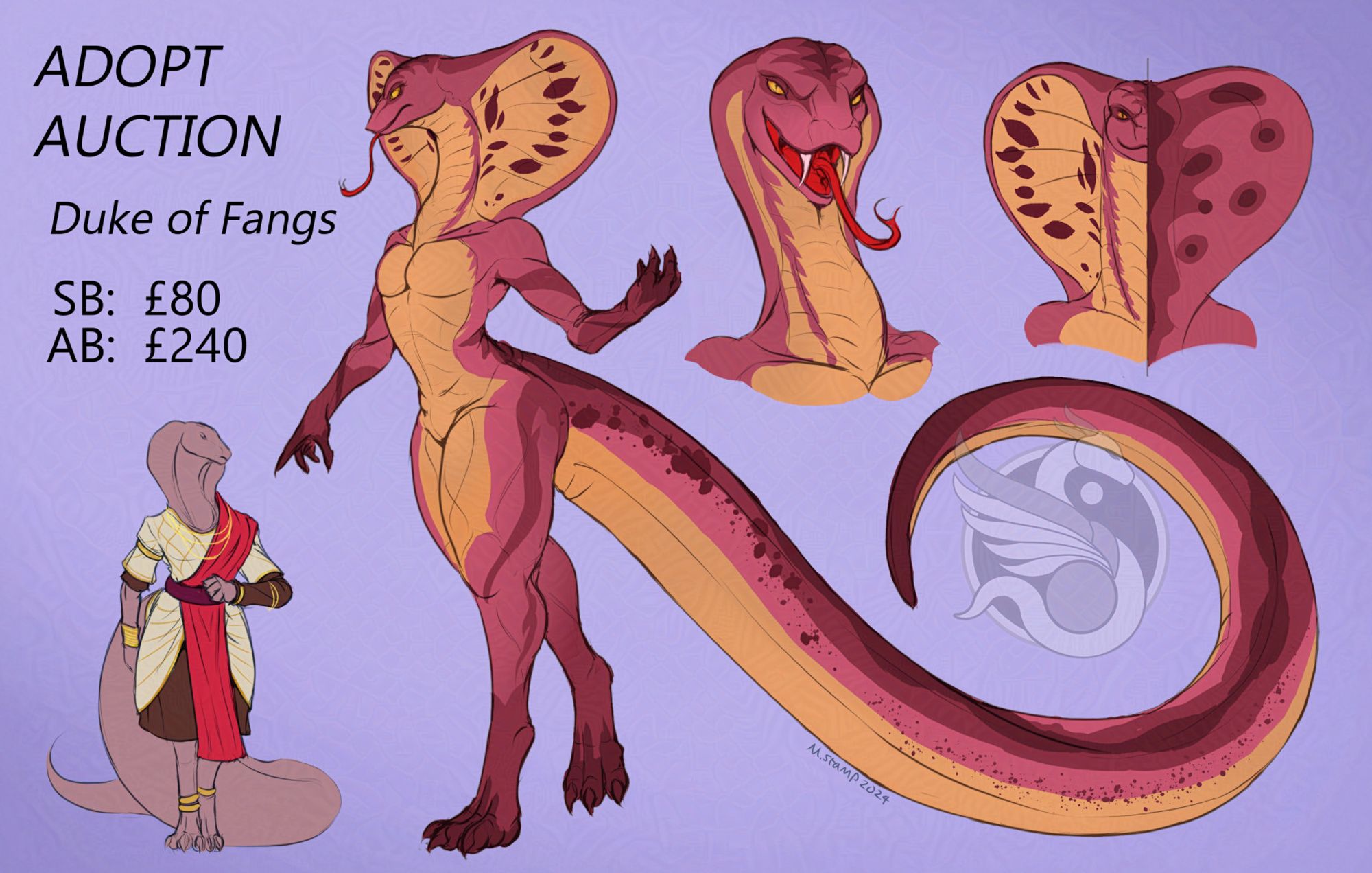 Layout of a strawberry cream-coloured snake with peach-coloured belly scales and tail underside. They have a very large hood open with dark spots, their hands and feet are a darker brown than their body.

There is a headshot showing their long neck, yellow eyes and long forked snake tongue. As well as a front and back view of their hood.

ADOPT AUCTION
DUKE OF FANGS
SB: £80
AB: £240