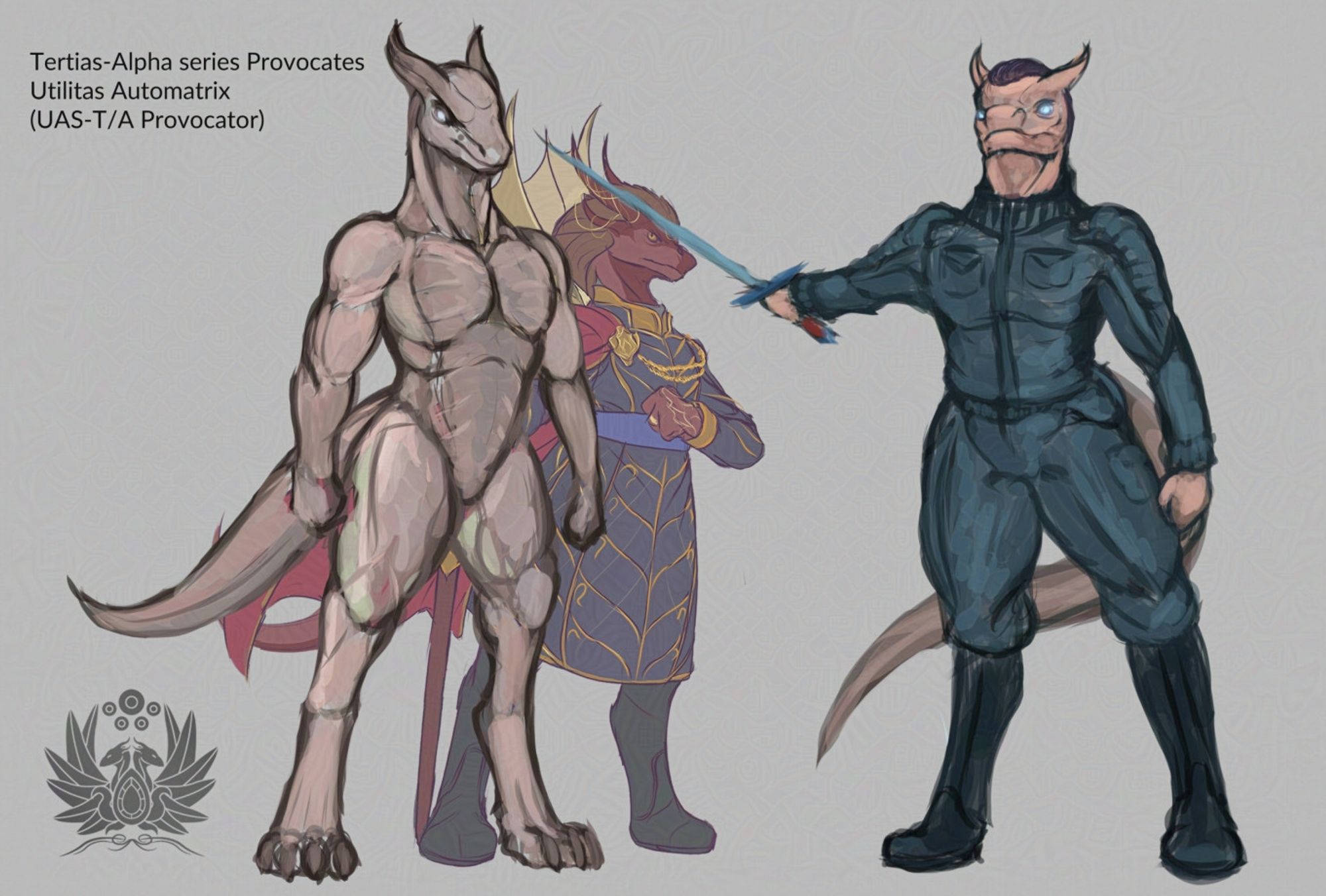 Sketch design for a robotic draknir with pale skin and shining icy blue eyes. Standing a whole head taller than a regular draknir, broadly built with a stern expression. A second robotic being stands on the right dressed in a dark blue uniform, knee high boots and holding a sword. They have hair, but it is cut very close to the scalp. Staring forward menacingly.

Tertias-Alpha series Provocates
Utilitas Automatrix
(UAS-T/A Provocator)