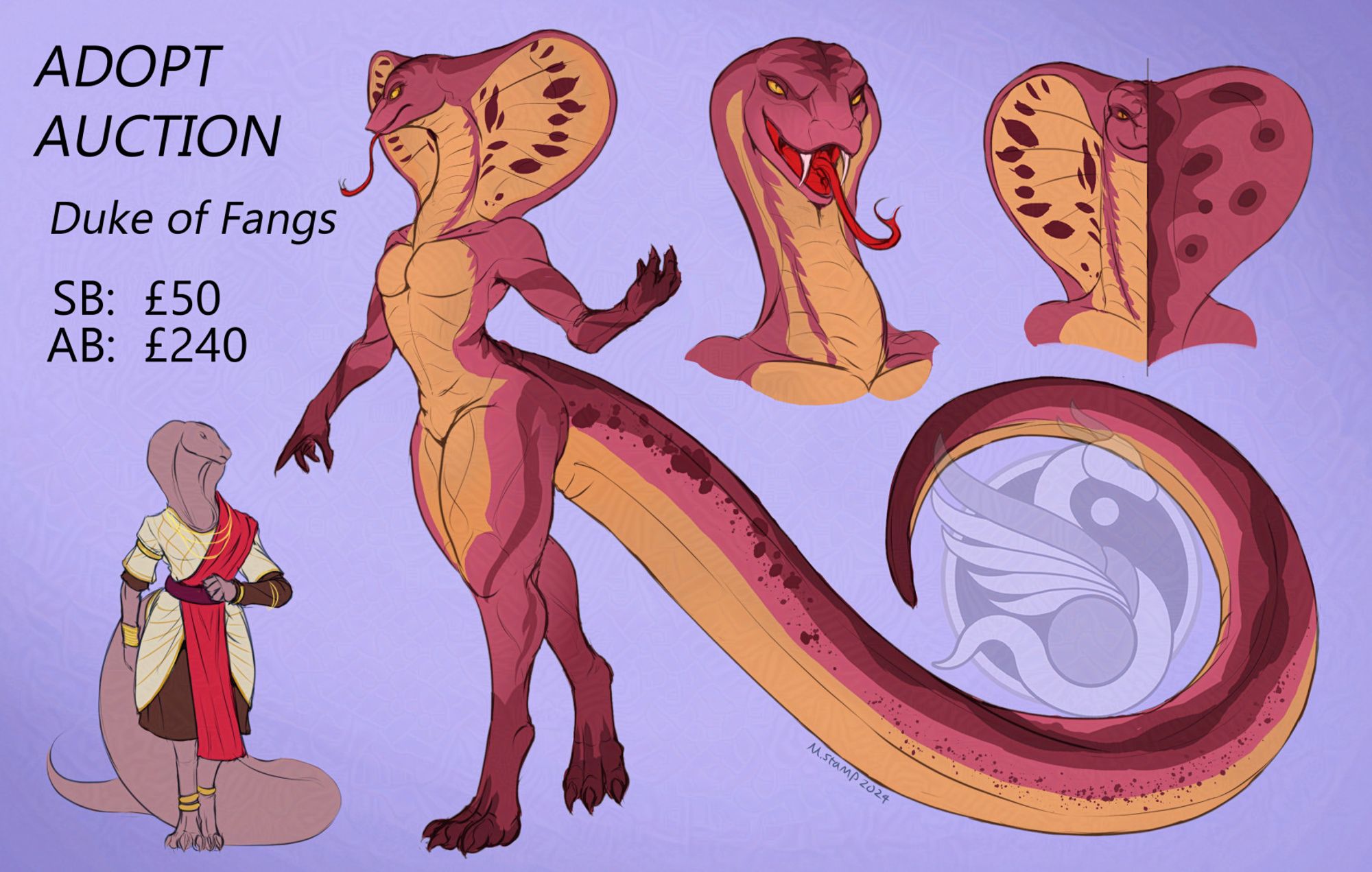 Layout of a strawberry cream-coloured snake with peach-coloured belly scales and tail underside. They have a very large hood open with dark spots, their hands and feet are a darker brown than their body.

There is a headshot showing their long neck, yellow eyes and long forked snake tongue. As well as a front and back view of their hood. In the corner is a silhouette of the serpent wearing a gold-embroidered cream tunic, a darker brown tunic underneath it with one long left sleeve, and a red sash over the shoulder tied with a burgundy band.

ADOPT AUCTION
Duke of Fangs
SB: £50
AB: £240