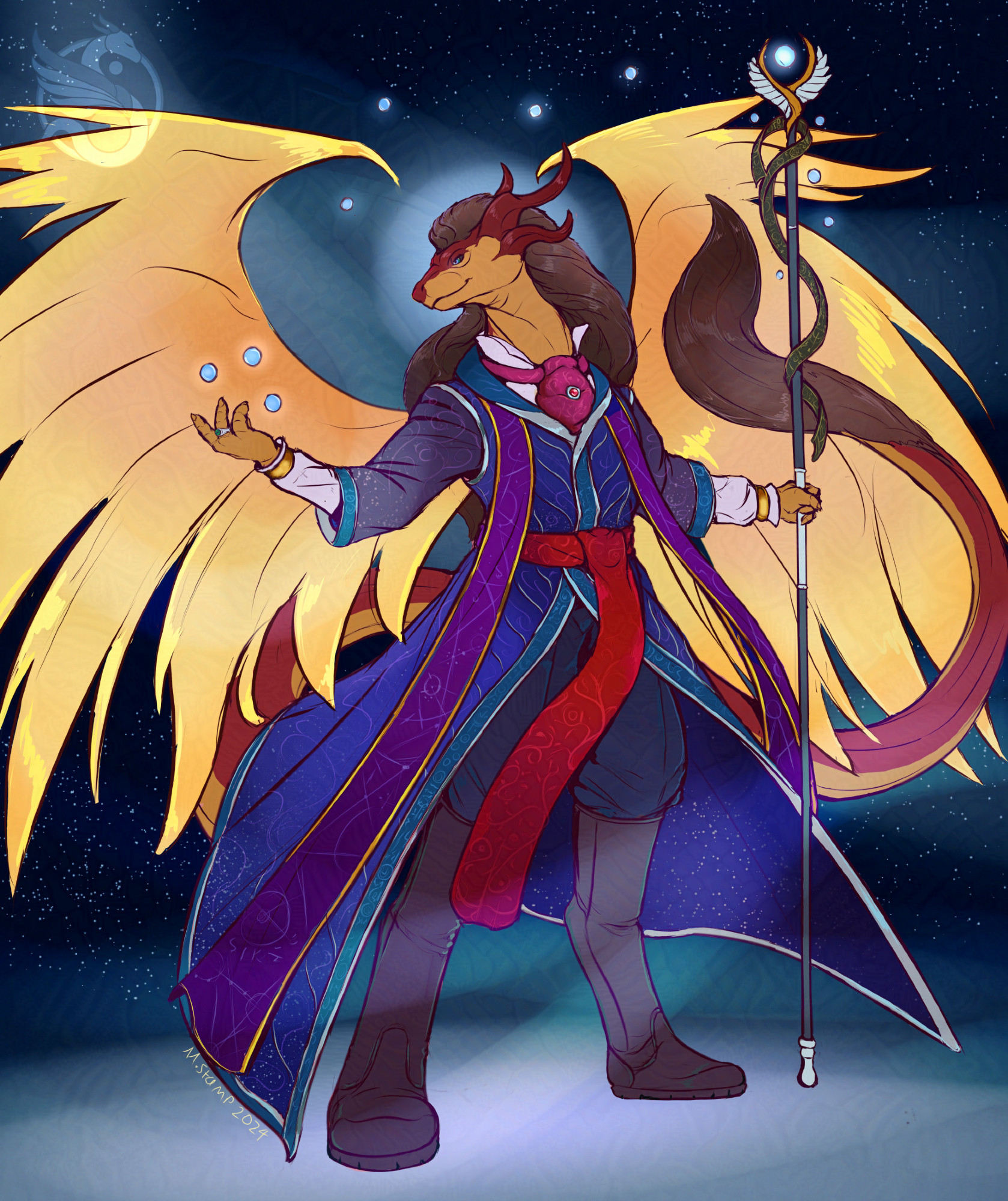 Portrait of a golden male dragon with long brown hair coming down form his head and at the end of his tail. He is dressed in a silver threaded blue coat with a purple ascot scarf and large golden feathery wings. Showing off several glowing orbs floating around him. His eyes are blue-green and there is a streak of red going down his horns and snout