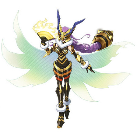 Queenbeemon from Digimon Liberator. It looks like a purple-haired anime girl with bee-themed clothing. It wears a long cape that sort of resembles a pair of insect wings, a yellow metallic mask with purple antennae, and its purple hair is in a large braid that terminates in what appears to be a jar of honey, or perhaps a mechanical beehive.