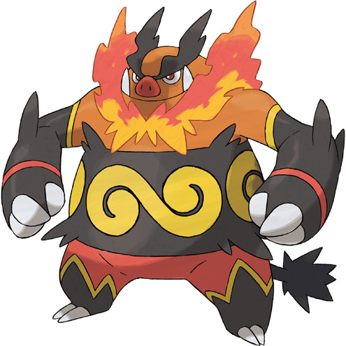 Emboar from Pokemon Black and White. A fiery, bipedal pig monster with flames spewing from its neck like a mane. Its coloration kind of makes it look as though it's wearing golden armor.