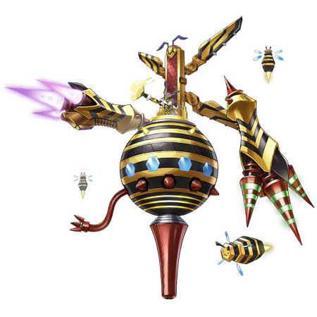 A giant, spherical, black and yellow mechanical "throne" that Queenbeemon rules its hive from. It has two large robot arms that can shoot poison, a stinger-shaped turret that shoots lasers, and adorable little robot drone bees flying around it.