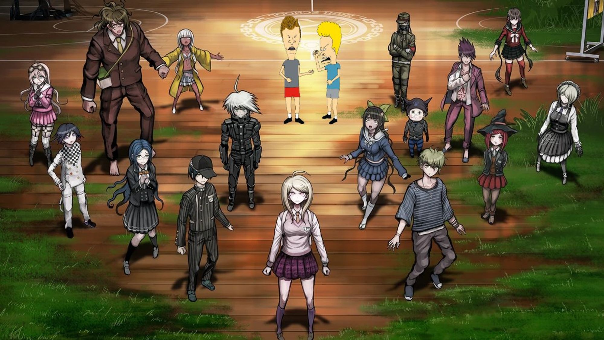 The cast of Danganronpa V3 standing in a gymnasium.  Beavis and Butthead are there.