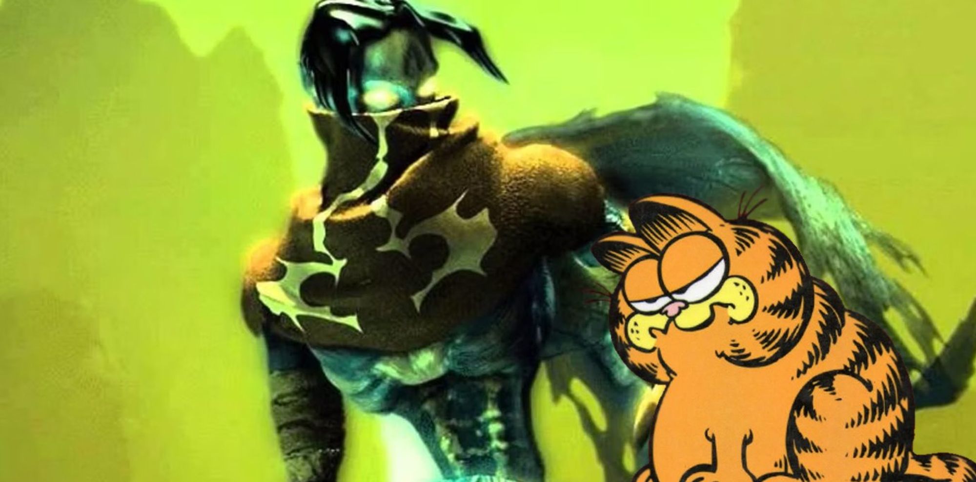 Raziel from Legacy of Kain counseling Garfield, who is overcome with an inexorable compulsion to kick Odie off the table.