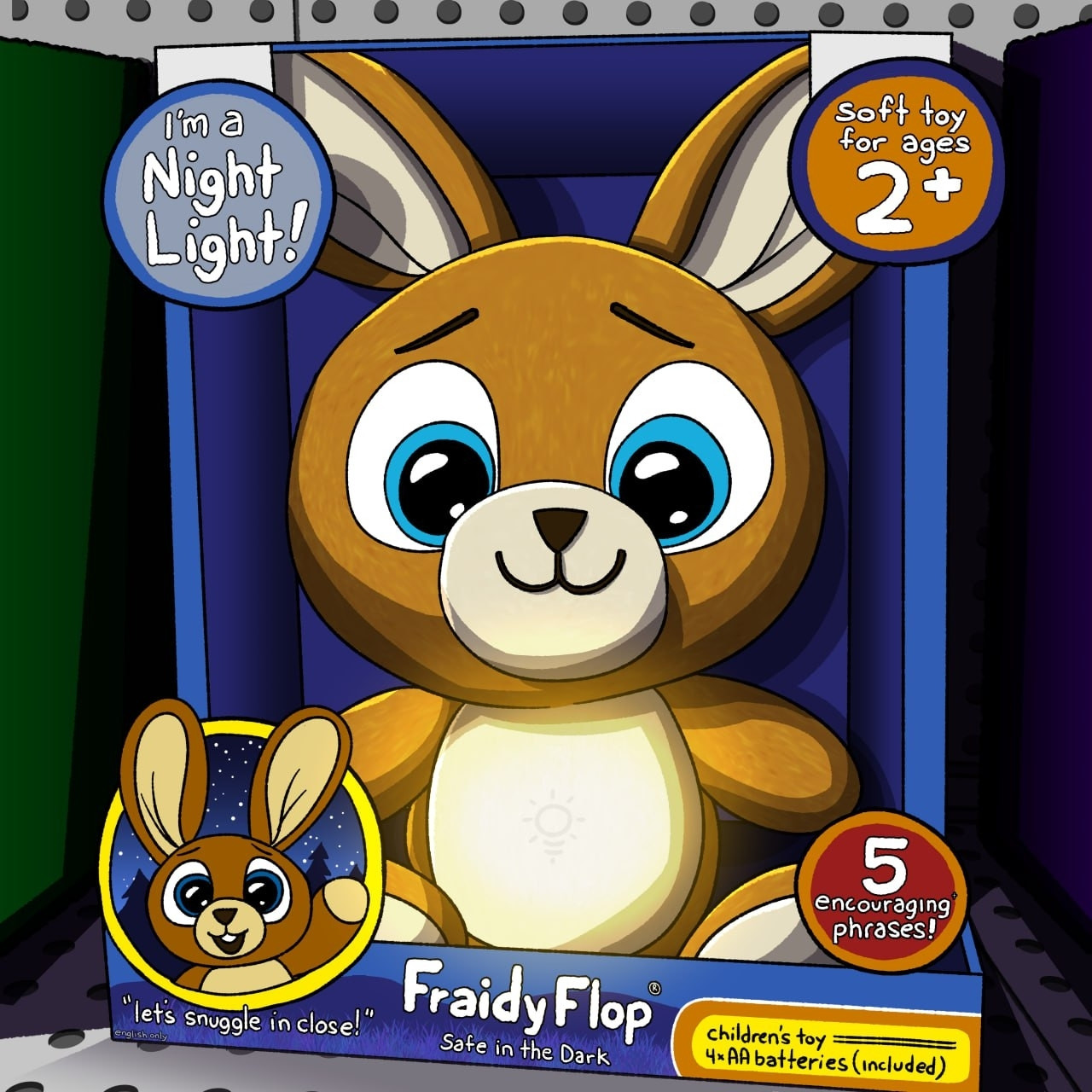 Plush rabbit toy in its packaging. Their name is Fraidy Flop