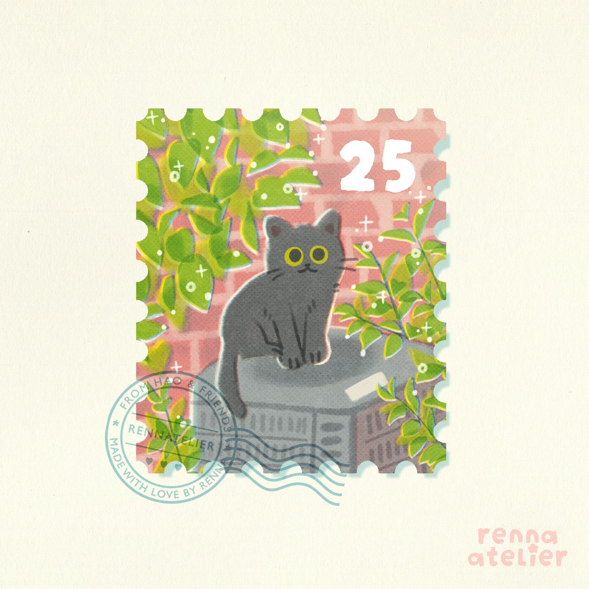 Illustration of a mock stamp of a grey cat sitting on an AC unit outdoors, surrounded by green leaves and a red brick background.