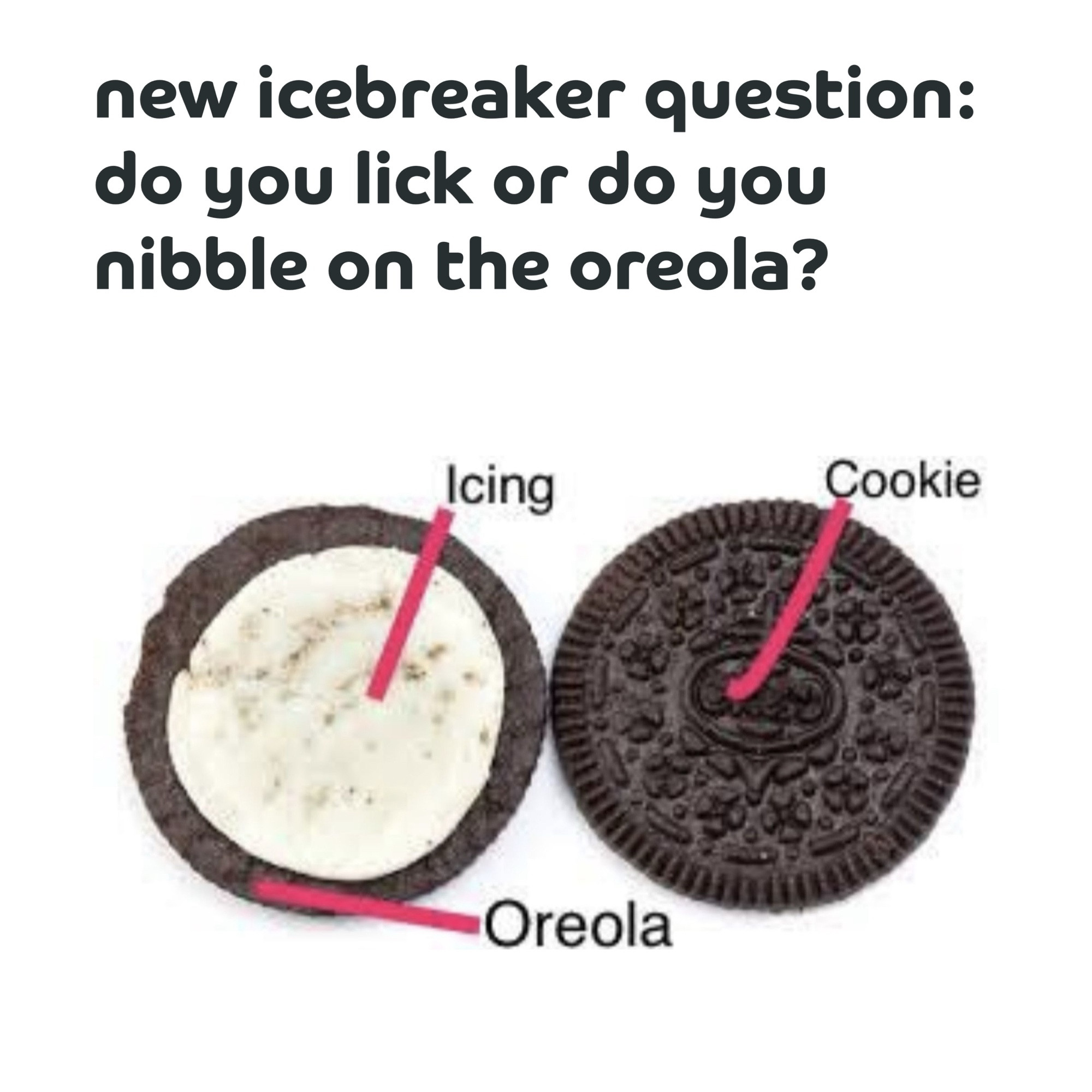 new icebreaker question: do you lick or do you nibble on the oreola?

diagram of an oreo. the dark part is the cookie, the white is icing and the oreola is the cookie parameter around the icing in the middle of the cookie