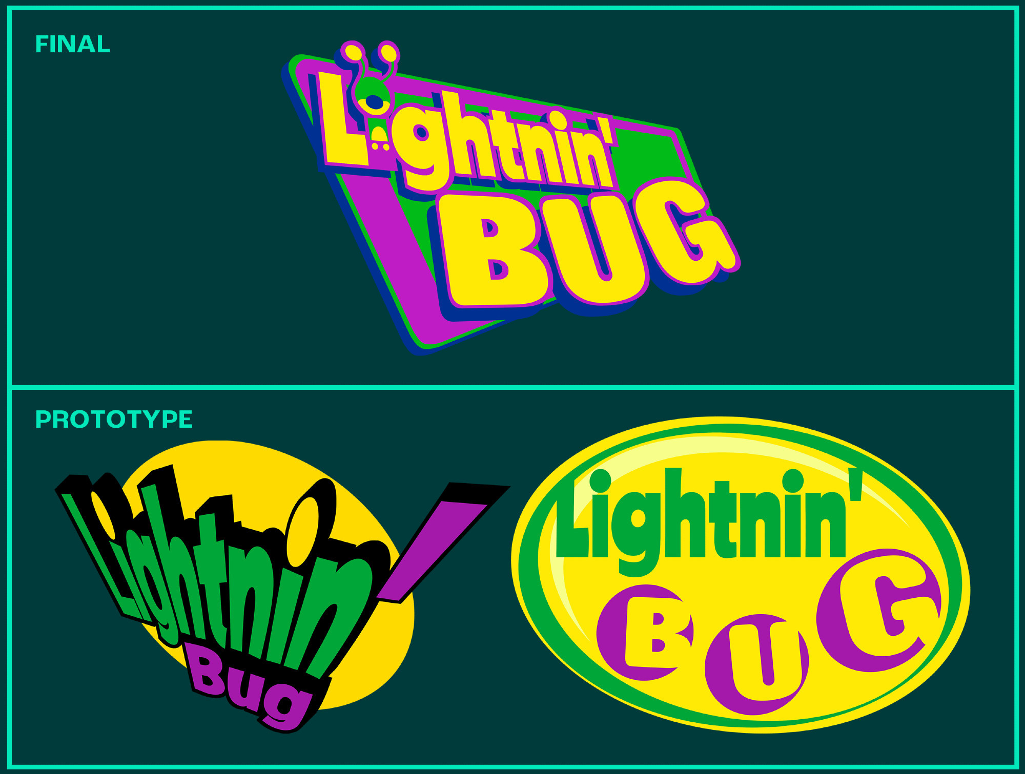 Top: March 21, 2022 finalized design of Lightnin' Bug logo.
Bottom: February 5 (left) and March 21, 2022 (right) prototype designs of Lightnin' Bug logo.