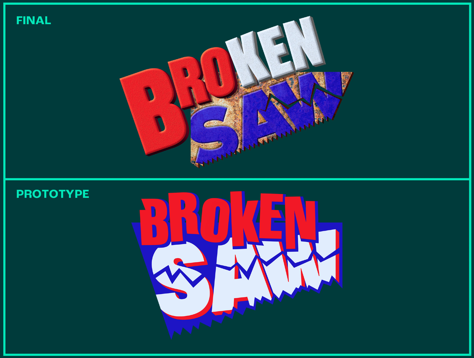 Top: May 26, 2023 finalized design of Broken Saw logo concept.
Bottom: October 28, 2022 prototype design of Broken Saw logo concept.