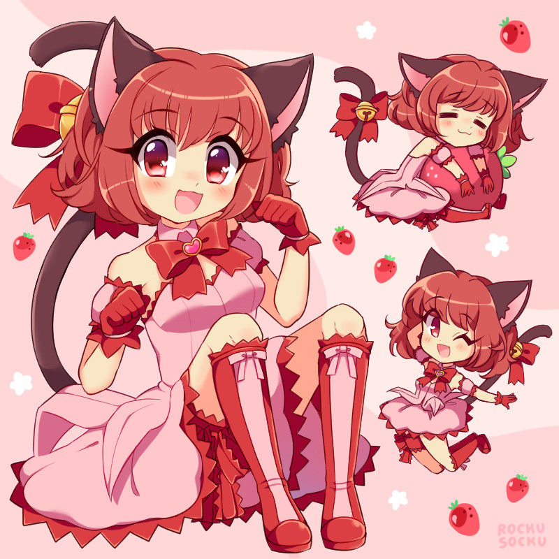 Fanart of the character mew ichigo from the anime series "tokyo mew mew", in a fullbody pose with 2 stylised chibis