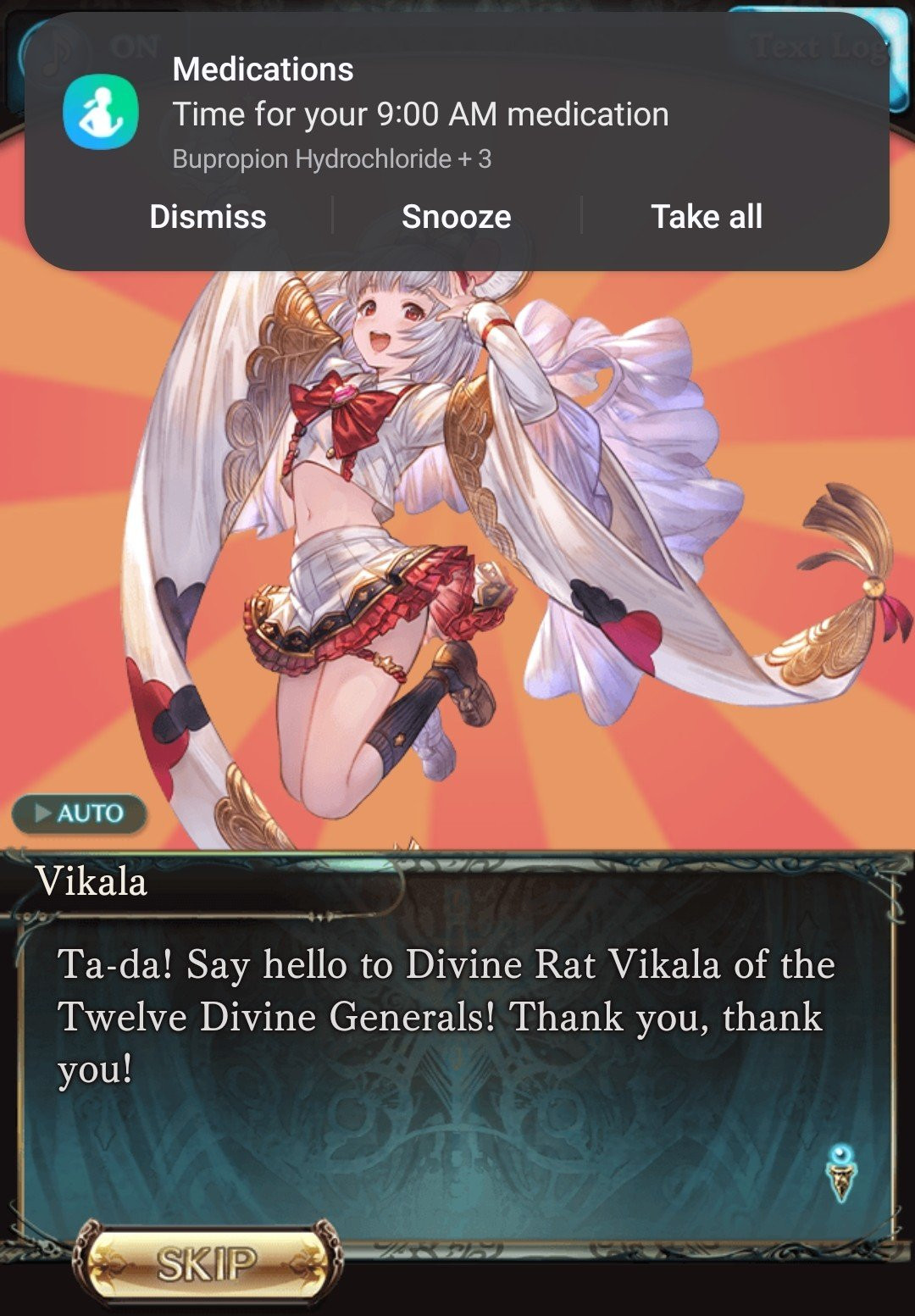 A screenshot of the Granblue Fantasy character Vikala, after putting on her magic rat ears that help her maintain a positive mood and allow her to face other people without triggering her anxiety. She's saying, "Ta-da! Say hello to Divine Rat Vikala of the Twelve Divine Generals! Thank you, thank you!" Above her is a push notification from a medication reminder app, saying "Time for your 9:00 AM medication: Bupropion Hydrochloride + 3"