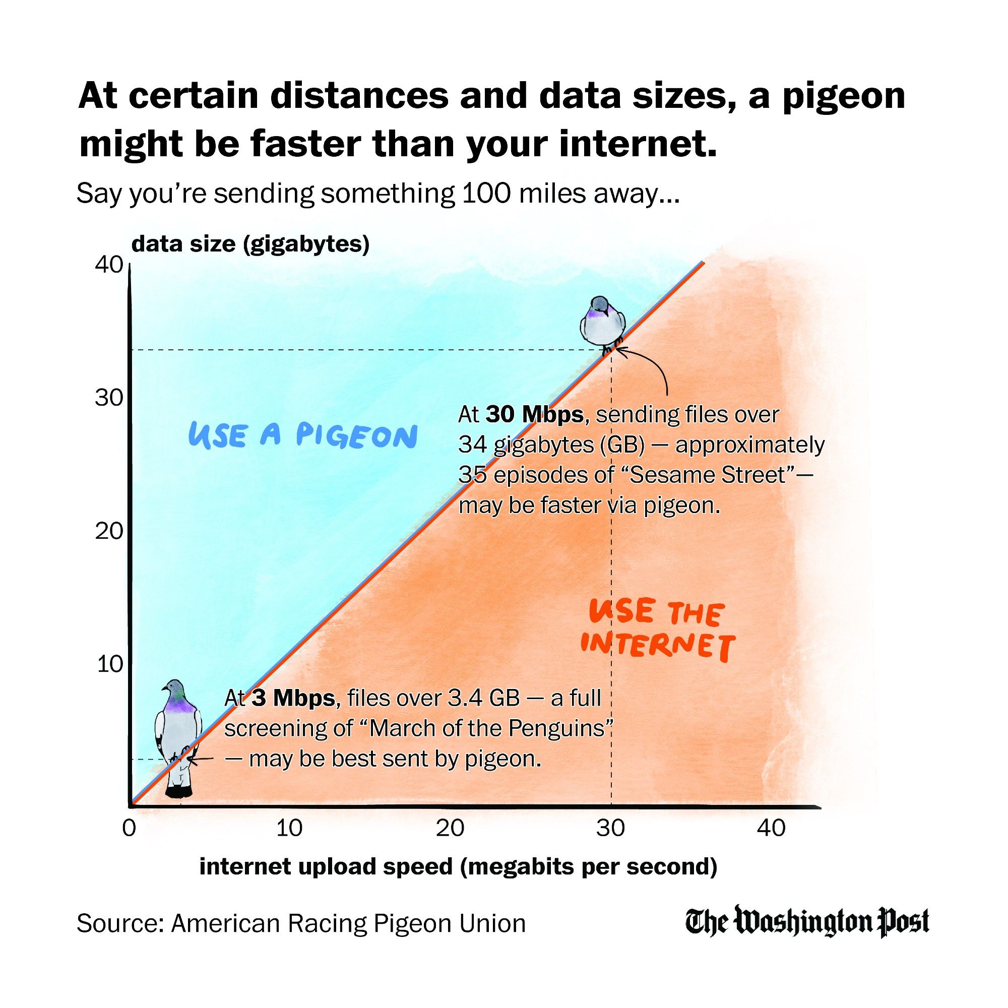 Line chart depicting when it’s best to send data via pigeon or over the internet. For slower internet speeds and larger files, a pigeon may be your best bet. For instance, at an internet upload speed of 3 Mbps, files over 3.4 gigabytes (GB) — a full screening of “March of the Penguins” — may be faster by pigeon. But at a speed of 30 Mbps, only files over 34 GB — approximately 35 episodes of “Sesame Street”— would make sense to send through the sky.