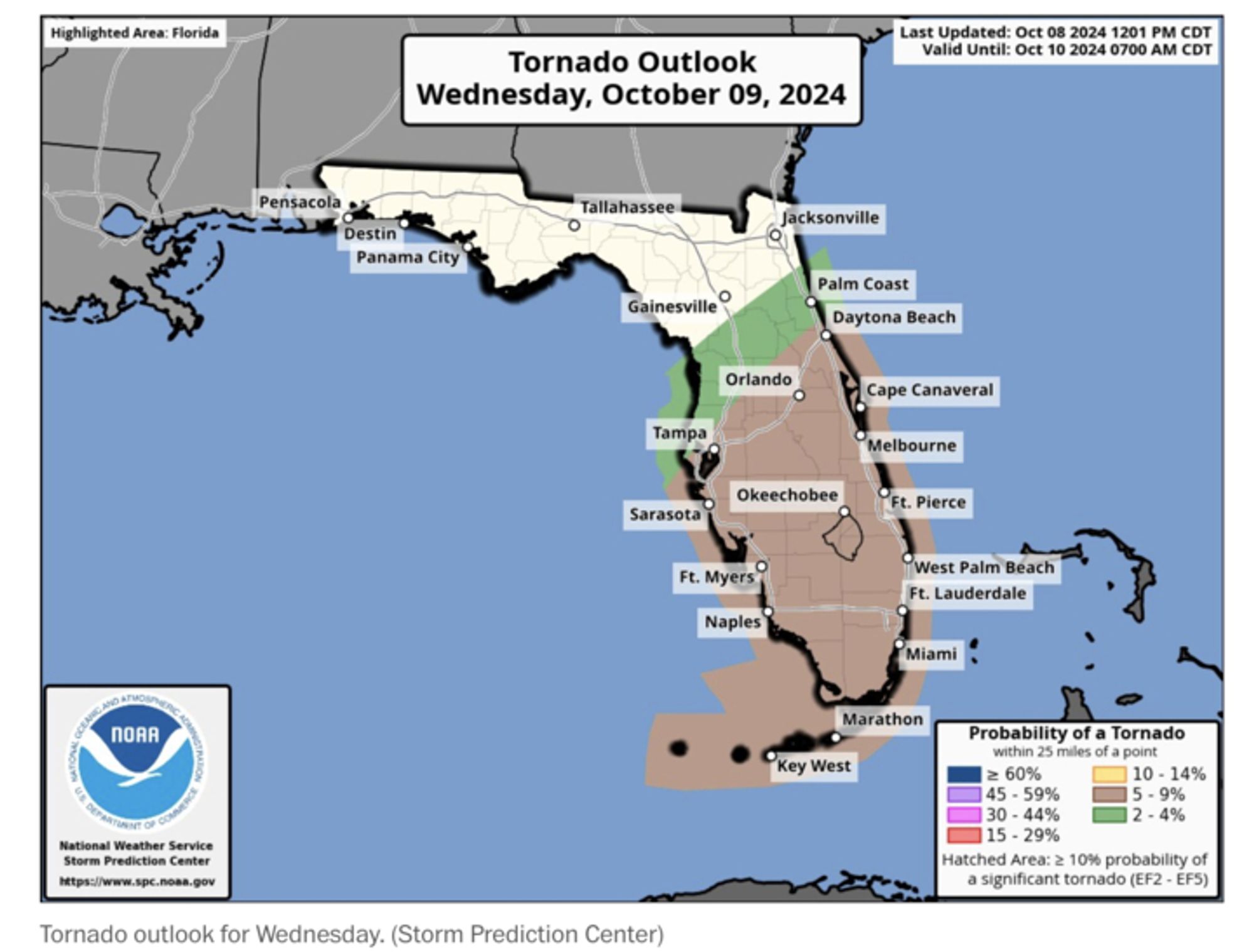 A map shows the tornado outlook for Wednesday, Oct. 9 in Florida. The Storm Prediction Center is the source of the map, alongside NOAA.